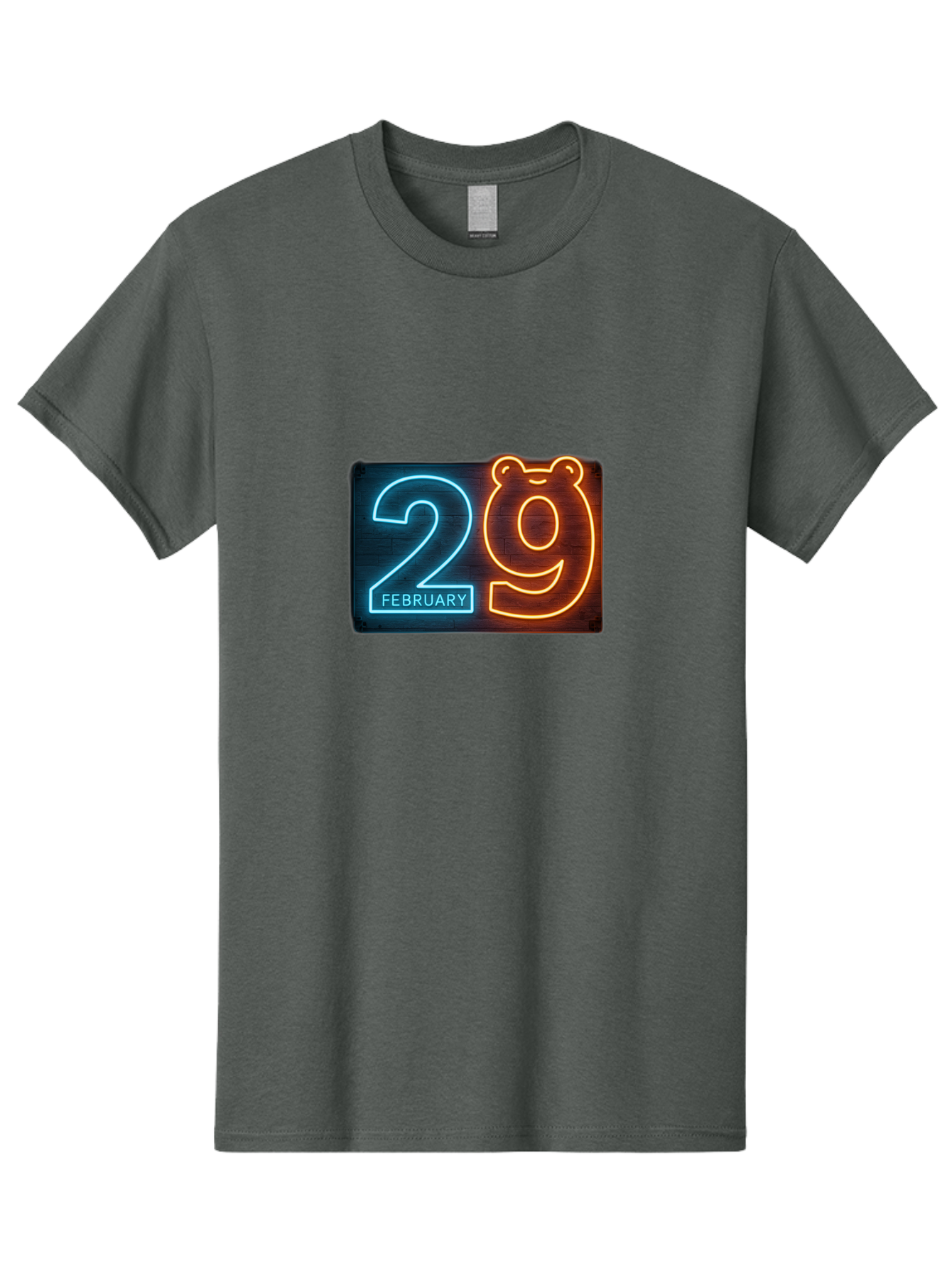 February-29 Men'S Graphic Tee, 100% Cotton, Comfortable Casual Summer Wear, Machine Washable, Leap Day, February 29, Neon Sign, Blue And Orange Glow, Bear Face, Unique Date, Calendar Event, Special Occasion, Retro Style, Glowing Numbers Bab901
