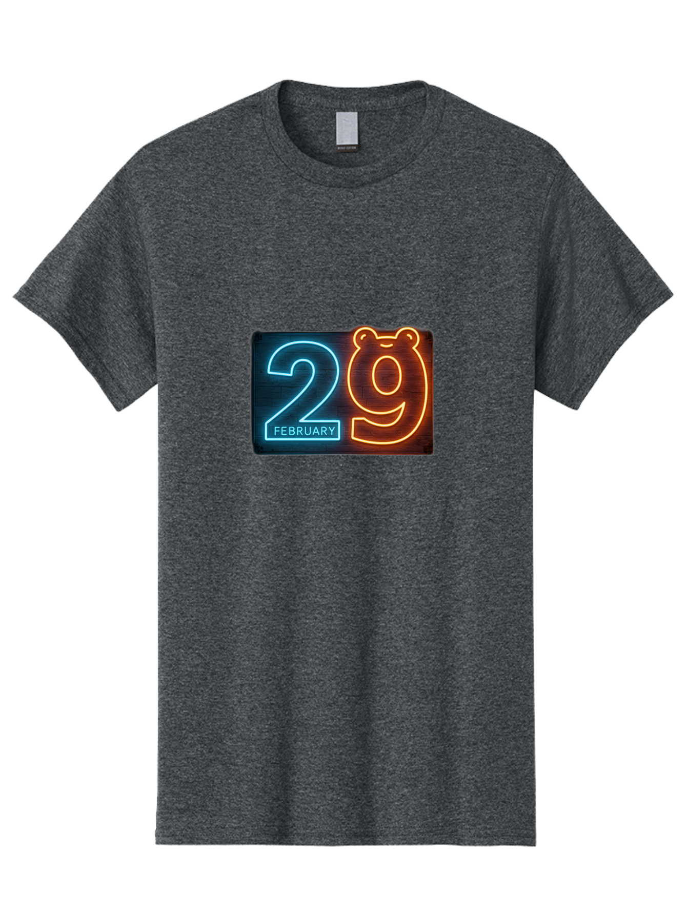 February-29 Men'S Graphic Tee, 100% Cotton, Comfortable Casual Summer Wear, Machine Washable, Leap Day, February 29, Neon Sign, Blue And Orange Glow, Bear Face, Unique Date, Calendar Event, Special Occasion, Retro Style, Glowing Numbers Bab901