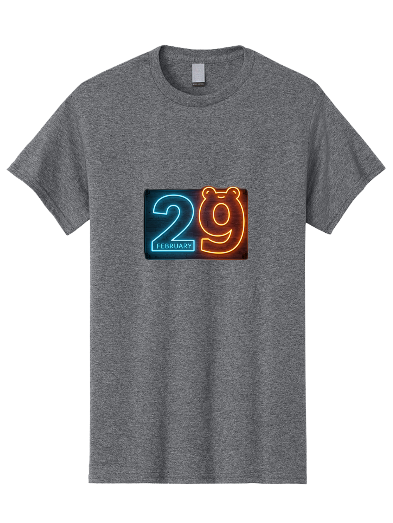 February-29 Men'S Graphic Tee, 100% Cotton, Comfortable Casual Summer Wear, Machine Washable, Leap Day, February 29, Neon Sign, Blue And Orange Glow, Bear Face, Unique Date, Calendar Event, Special Occasion, Retro Style, Glowing Numbers Bab901
