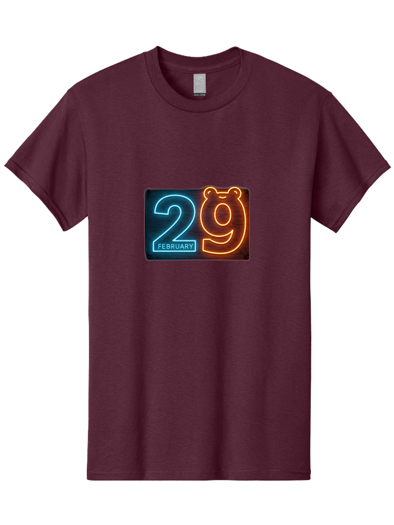 February-29 Men'S Graphic Tee, 100% Cotton, Comfortable Casual Summer Wear, Machine Washable, Leap Day, February 29, Neon Sign, Blue And Orange Glow, Bear Face, Unique Date, Calendar Event, Special Occasion, Retro Style, Glowing Numbers Bab901
