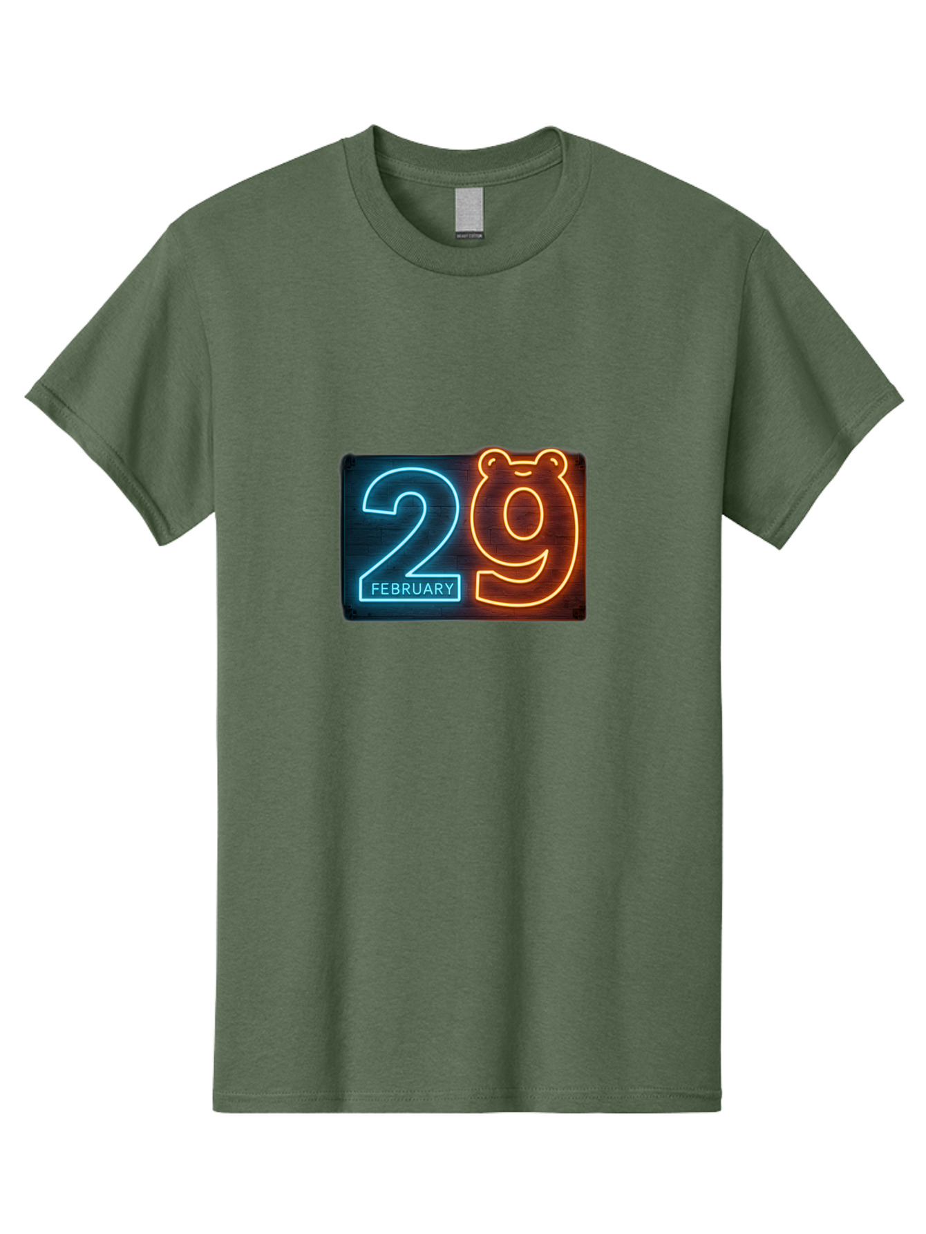 February-29 Men'S Graphic Tee, 100% Cotton, Comfortable Casual Summer Wear, Machine Washable, Leap Day, February 29, Neon Sign, Blue And Orange Glow, Bear Face, Unique Date, Calendar Event, Special Occasion, Retro Style, Glowing Numbers Bab901