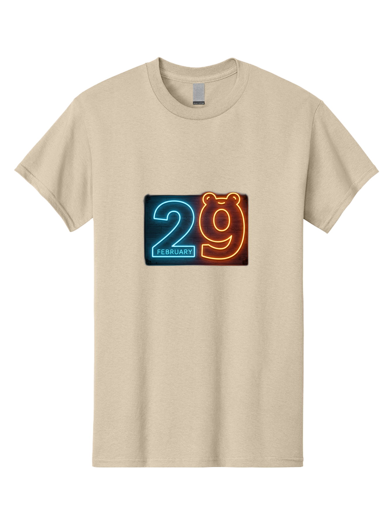 February-29 Men'S Graphic Tee, 100% Cotton, Comfortable Casual Summer Wear, Machine Washable, Leap Day, February 29, Neon Sign, Blue And Orange Glow, Bear Face, Unique Date, Calendar Event, Special Occasion, Retro Style, Glowing Numbers Bab901