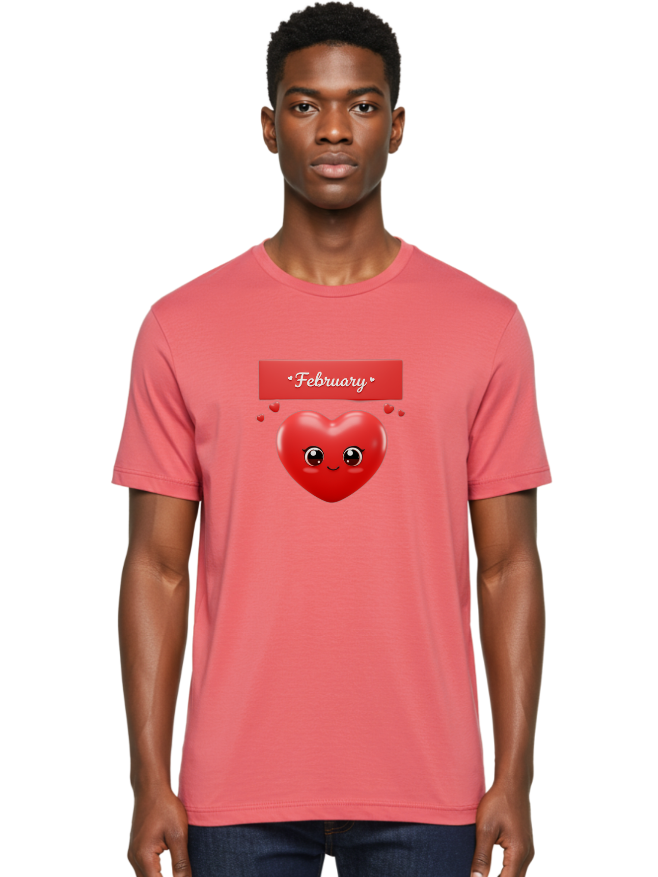 February Men'S Graphic Tee, 100% Cotton, Comfortable Casual Summer Wear, Machine Washable, Smiling Heart, Red Heart, Love Symbol, Valentines Day, Cute Cartoon Character, Heart Eyes, February Month, Sweetheart, February Love Bab902