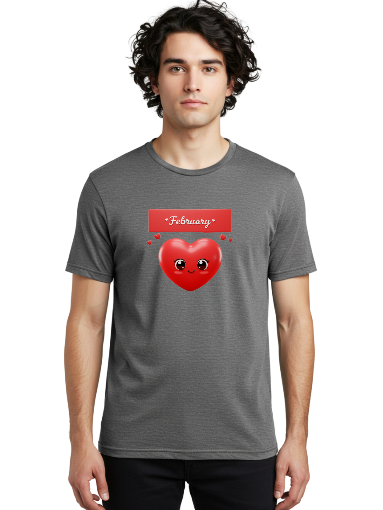 February Men'S Graphic Tee, 100% Cotton, Comfortable Casual Summer Wear, Machine Washable, Smiling Heart, Red Heart, Love Symbol, Valentines Day, Cute Cartoon Character, Heart Eyes, February Month, Sweetheart, February Love Bab902