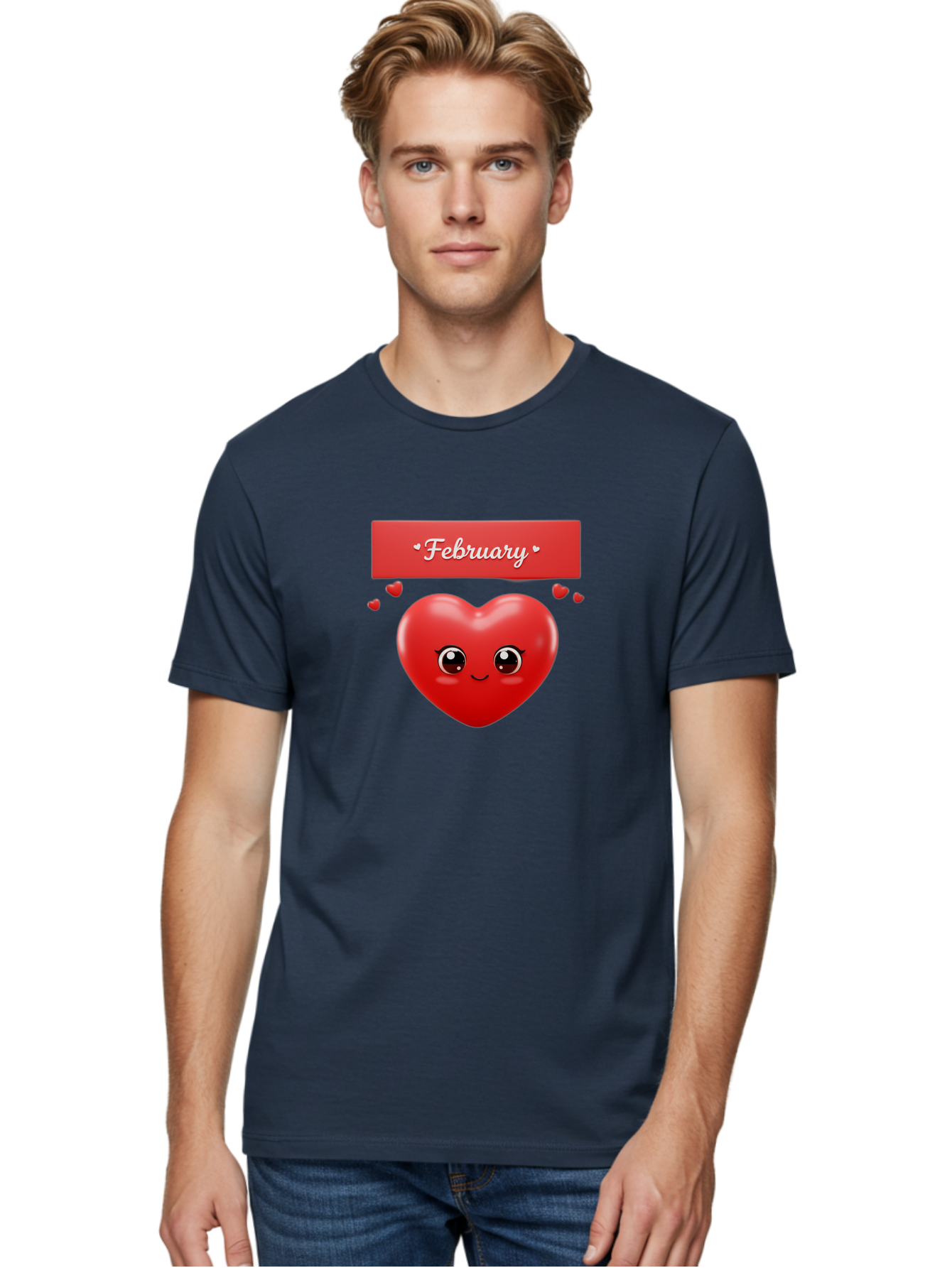 February Men'S Graphic Tee, 100% Cotton, Comfortable Casual Summer Wear, Machine Washable, Smiling Heart, Red Heart, Love Symbol, Valentines Day, Cute Cartoon Character, Heart Eyes, February Month, Sweetheart, February Love Bab902