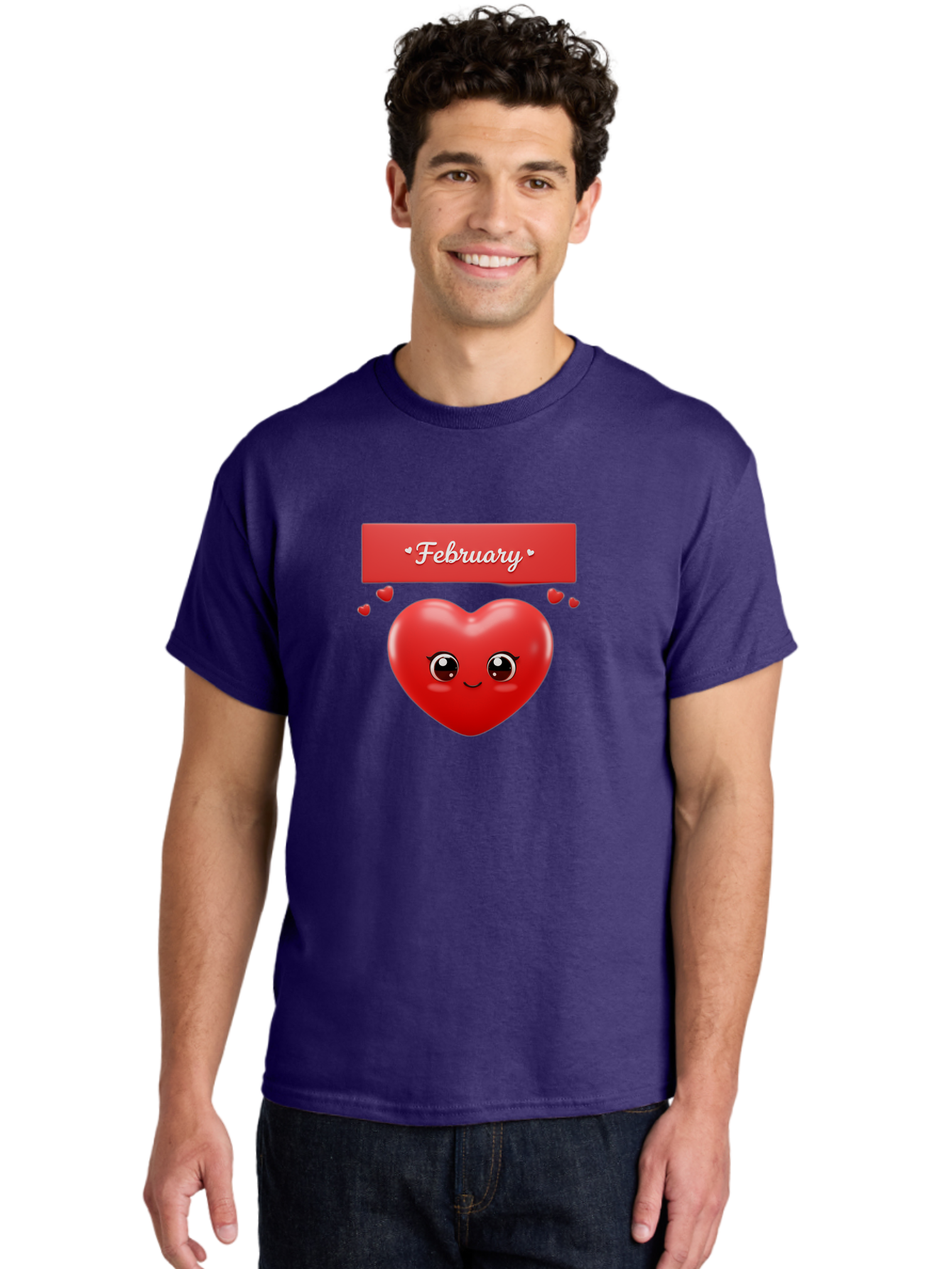 February Men'S Graphic Tee, 100% Cotton, Comfortable Casual Summer Wear, Machine Washable, Smiling Heart, Red Heart, Love Symbol, Valentines Day, Cute Cartoon Character, Heart Eyes, February Month, Sweetheart, February Love Bab902