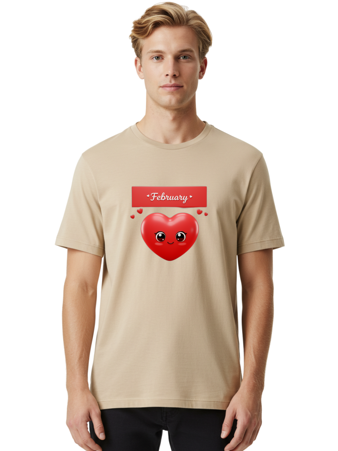 February Men'S Graphic Tee, 100% Cotton, Comfortable Casual Summer Wear, Machine Washable, Smiling Heart, Red Heart, Love Symbol, Valentines Day, Cute Cartoon Character, Heart Eyes, February Month, Sweetheart, February Love Bab902