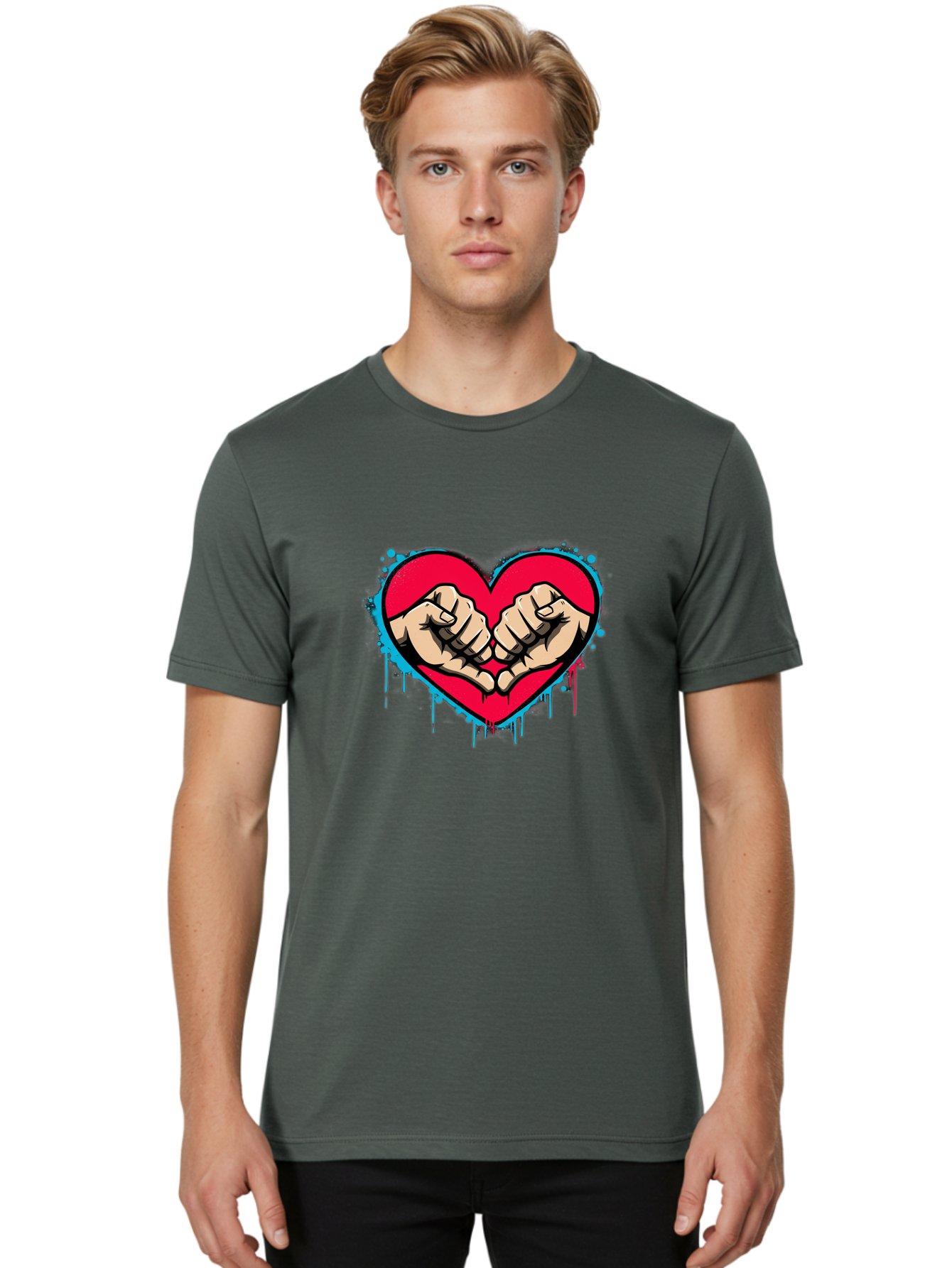 Fists-In-Heart-1 Men'S Graphic Tee, 100% Cotton, Comfortable Casual Summer Wear, Machine Washable, Heart Symbol, Fists Bumping, Cartoon Style, Love, Friendship, Unity, Red Heart, Graphic Design, Street Art, Urban Culture Bab904
