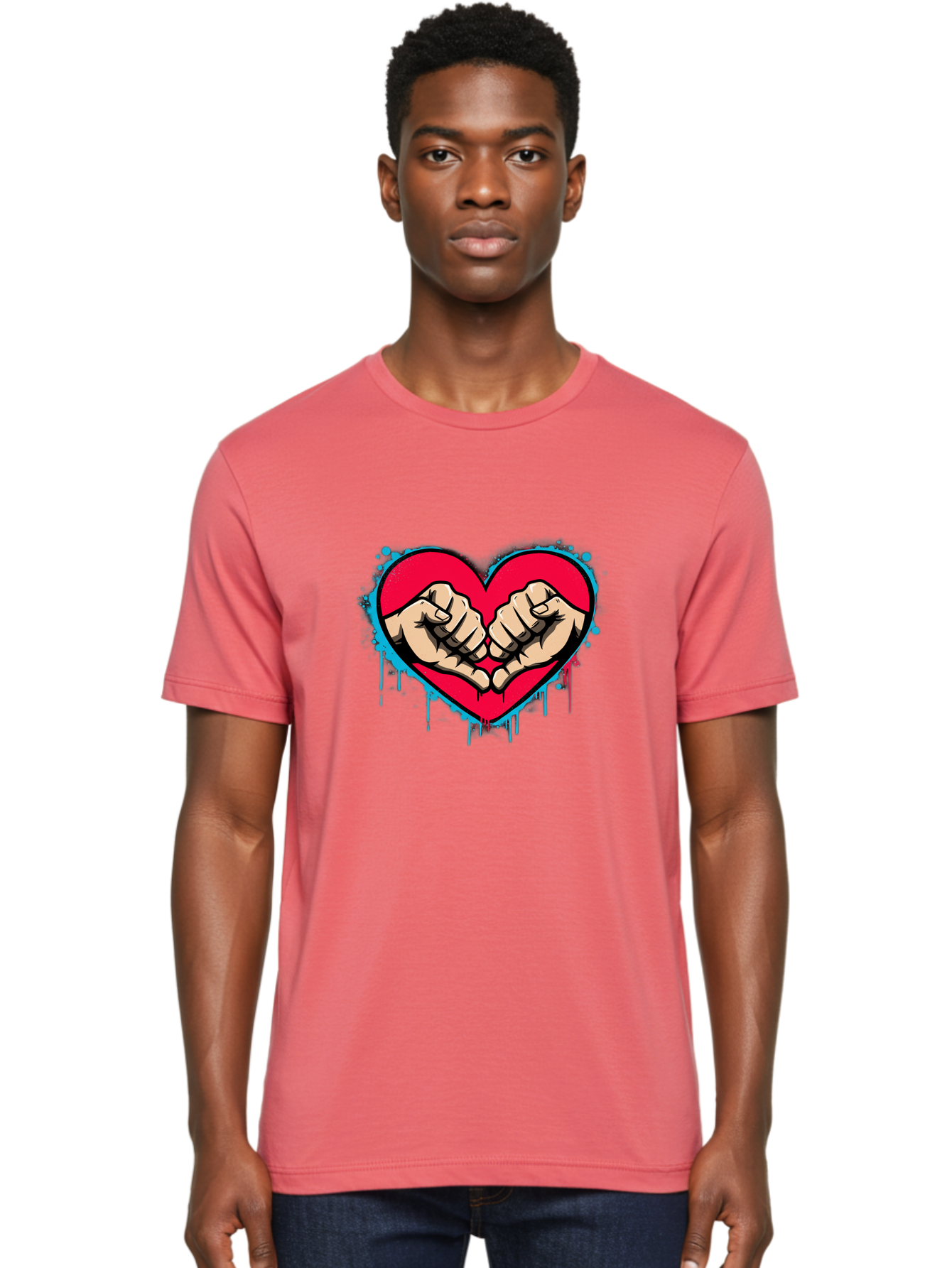 Fists-In-Heart-1 Men'S Graphic Tee, 100% Cotton, Comfortable Casual Summer Wear, Machine Washable, Heart Symbol, Fists Bumping, Cartoon Style, Love, Friendship, Unity, Red Heart, Graphic Design, Street Art, Urban Culture Bab904