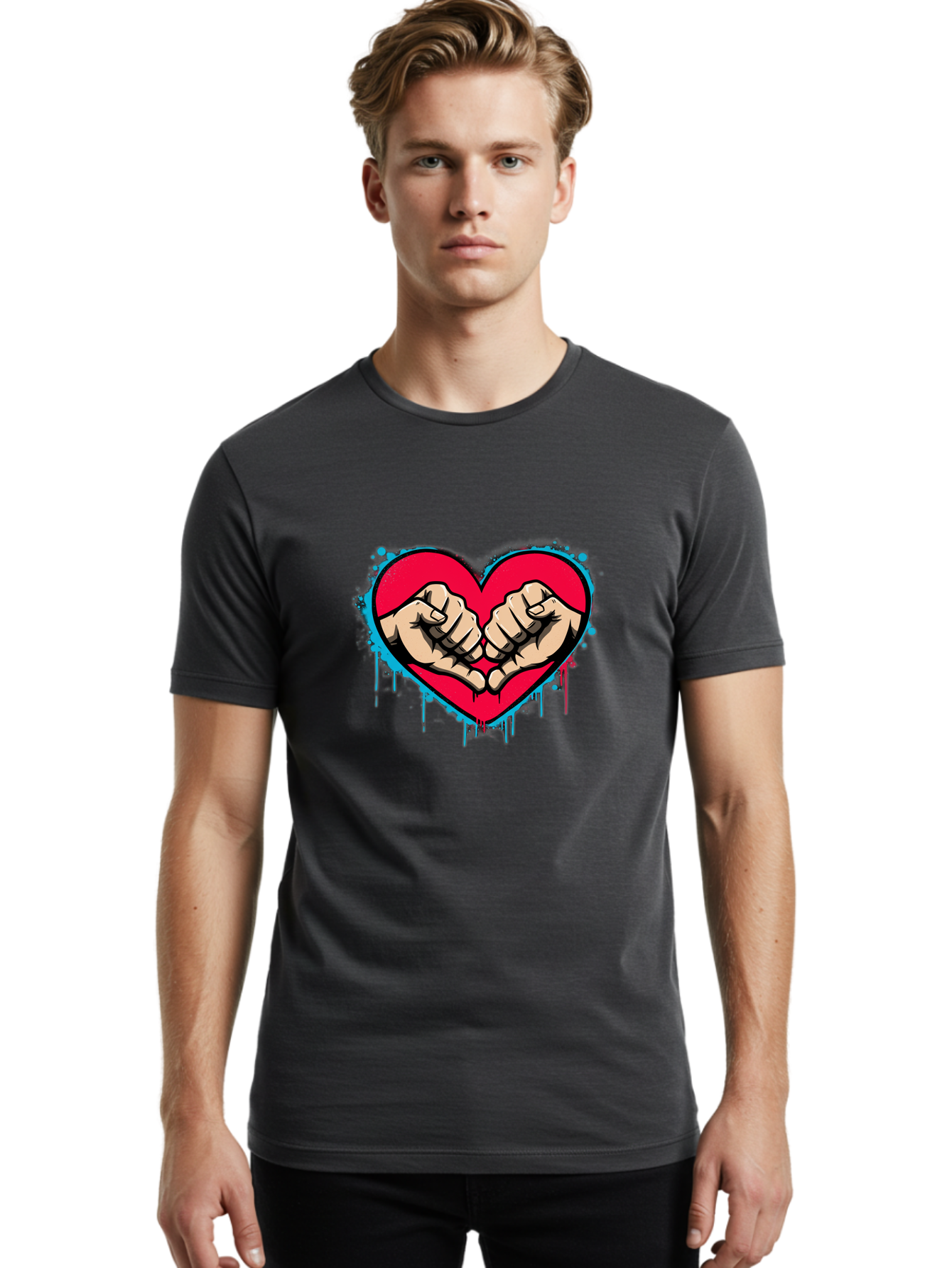 Fists-In-Heart-1 Men'S Graphic Tee, 100% Cotton, Comfortable Casual Summer Wear, Machine Washable, Heart Symbol, Fists Bumping, Cartoon Style, Love, Friendship, Unity, Red Heart, Graphic Design, Street Art, Urban Culture Bab904