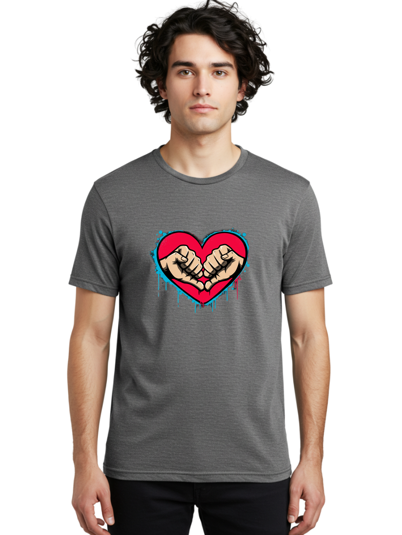 Fists-In-Heart-1 Men'S Graphic Tee, 100% Cotton, Comfortable Casual Summer Wear, Machine Washable, Heart Symbol, Fists Bumping, Cartoon Style, Love, Friendship, Unity, Red Heart, Graphic Design, Street Art, Urban Culture Bab904