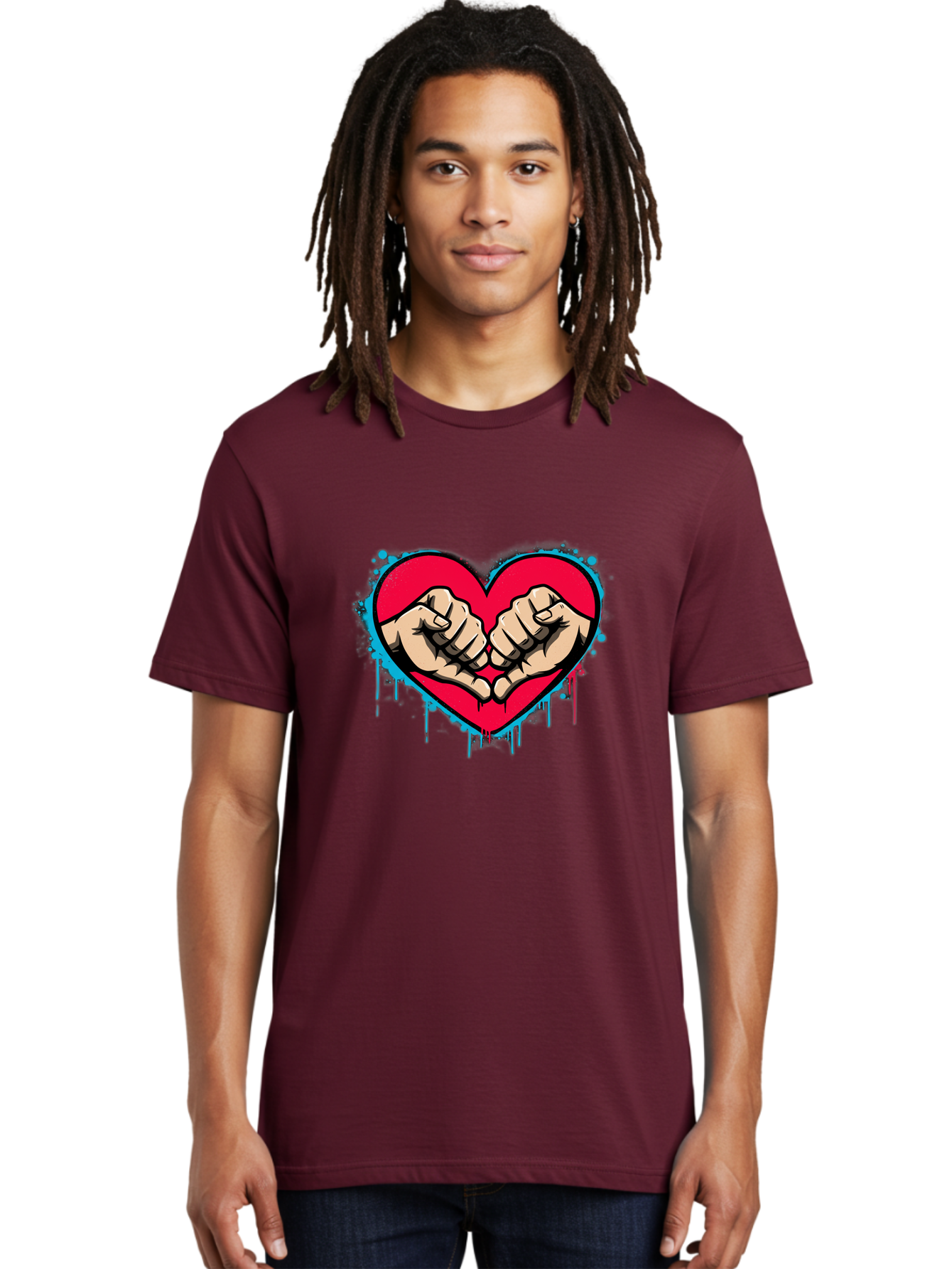 Fists-In-Heart-1 Men'S Graphic Tee, 100% Cotton, Comfortable Casual Summer Wear, Machine Washable, Heart Symbol, Fists Bumping, Cartoon Style, Love, Friendship, Unity, Red Heart, Graphic Design, Street Art, Urban Culture Bab904