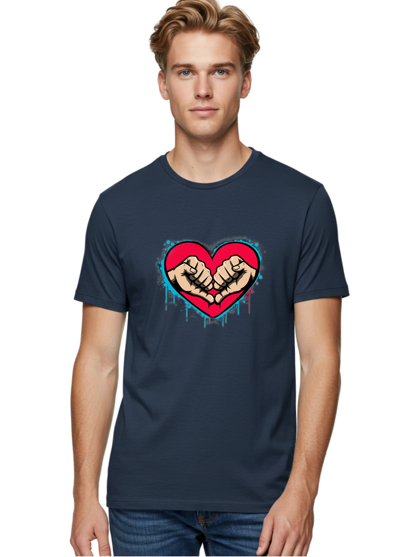 Fists-In-Heart-1 Men'S Graphic Tee, 100% Cotton, Comfortable Casual Summer Wear, Machine Washable, Heart Symbol, Fists Bumping, Cartoon Style, Love, Friendship, Unity, Red Heart, Graphic Design, Street Art, Urban Culture Bab904