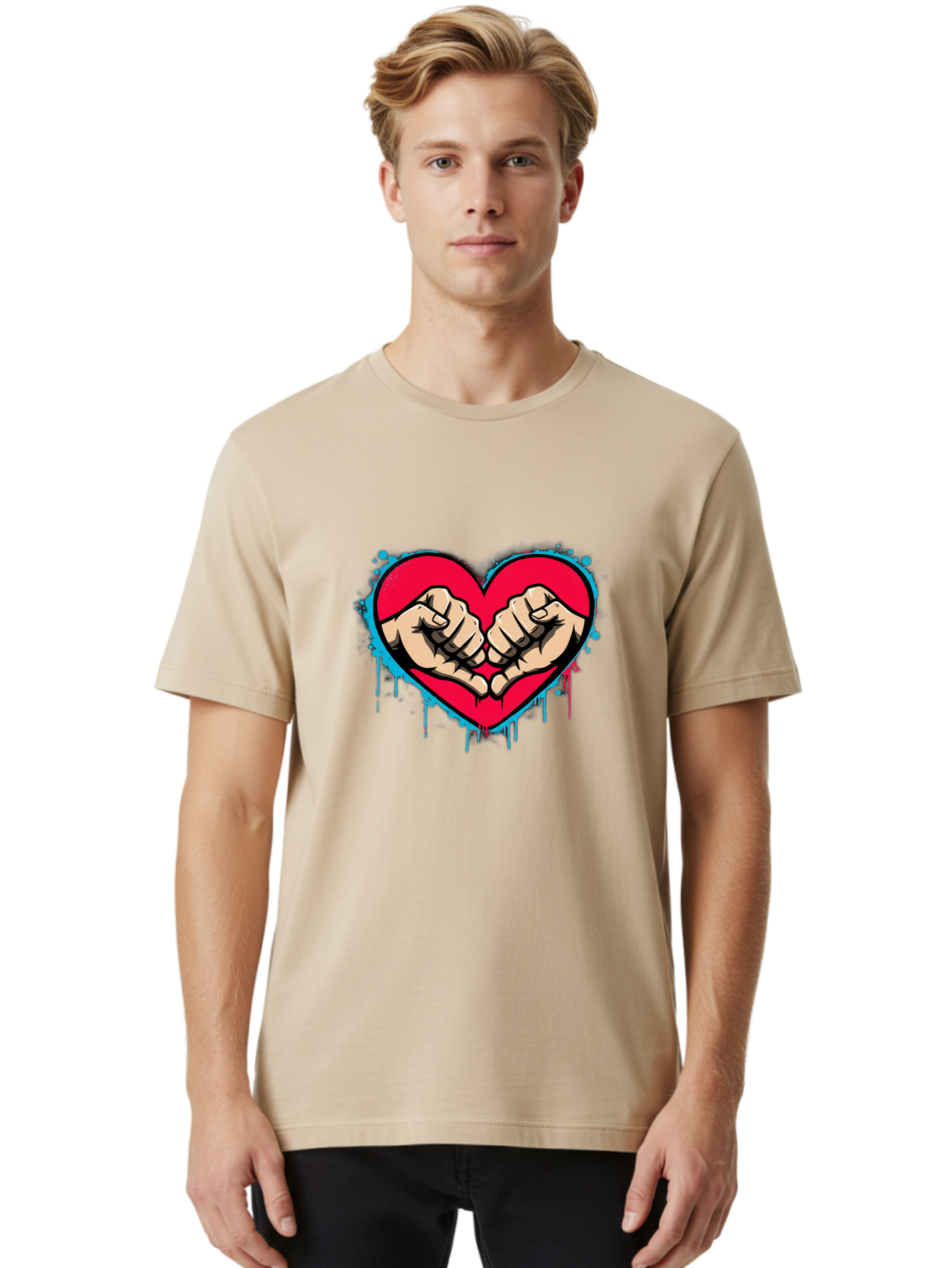 Fists-In-Heart-1 Men'S Graphic Tee, 100% Cotton, Comfortable Casual Summer Wear, Machine Washable, Heart Symbol, Fists Bumping, Cartoon Style, Love, Friendship, Unity, Red Heart, Graphic Design, Street Art, Urban Culture Bab904