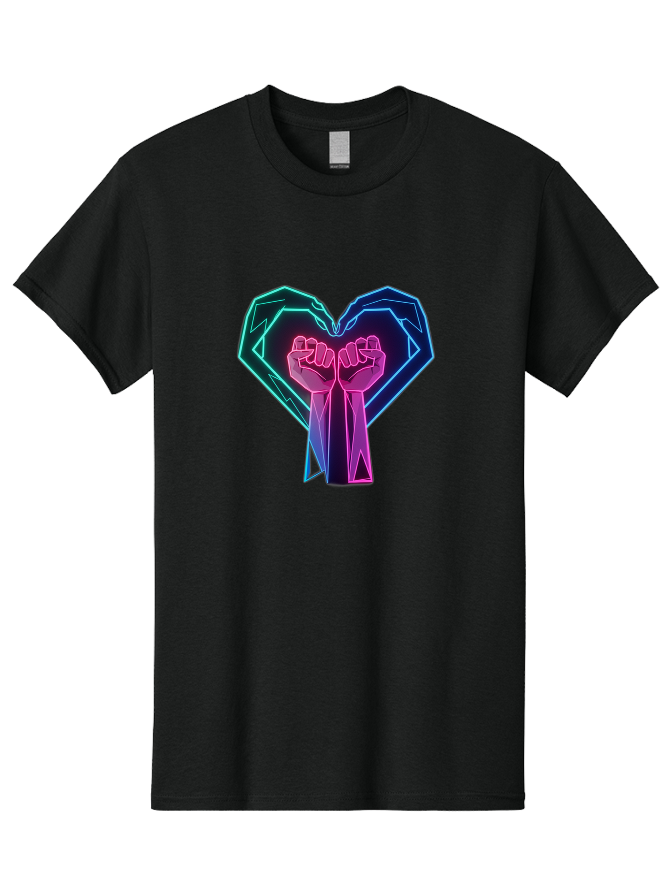 Fists-In-Heart Men'S Graphic Tee, 100% Cotton, Comfortable Casual Summer Wear, Machine Washable, Raised Fists, Heart Shape, Neon Lights, Solidarity Symbol, Unity, Social Justice, Protest, Activism, Empowerment, Love Bab906