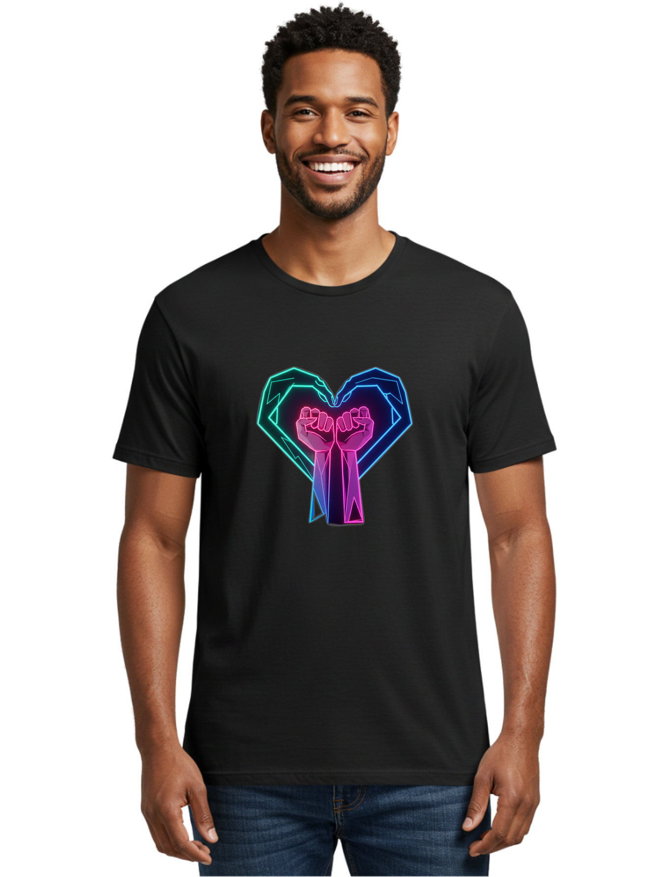 Fists-In-Heart Men'S Graphic Tee, 100% Cotton, Comfortable Casual Summer Wear, Machine Washable, Raised Fists, Heart Shape, Neon Lights, Solidarity Symbol, Unity, Social Justice, Protest, Activism, Empowerment, Love Bab906