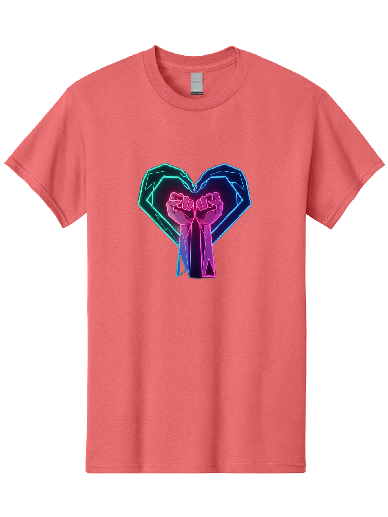 Fists-In-Heart Men'S Graphic Tee, 100% Cotton, Comfortable Casual Summer Wear, Machine Washable, Raised Fists, Heart Shape, Neon Lights, Solidarity Symbol, Unity, Social Justice, Protest, Activism, Empowerment, Love Bab906
