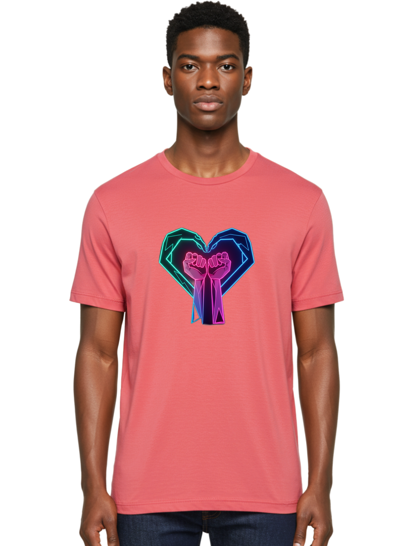 Fists-In-Heart Men'S Graphic Tee, 100% Cotton, Comfortable Casual Summer Wear, Machine Washable, Raised Fists, Heart Shape, Neon Lights, Solidarity Symbol, Unity, Social Justice, Protest, Activism, Empowerment, Love Bab906