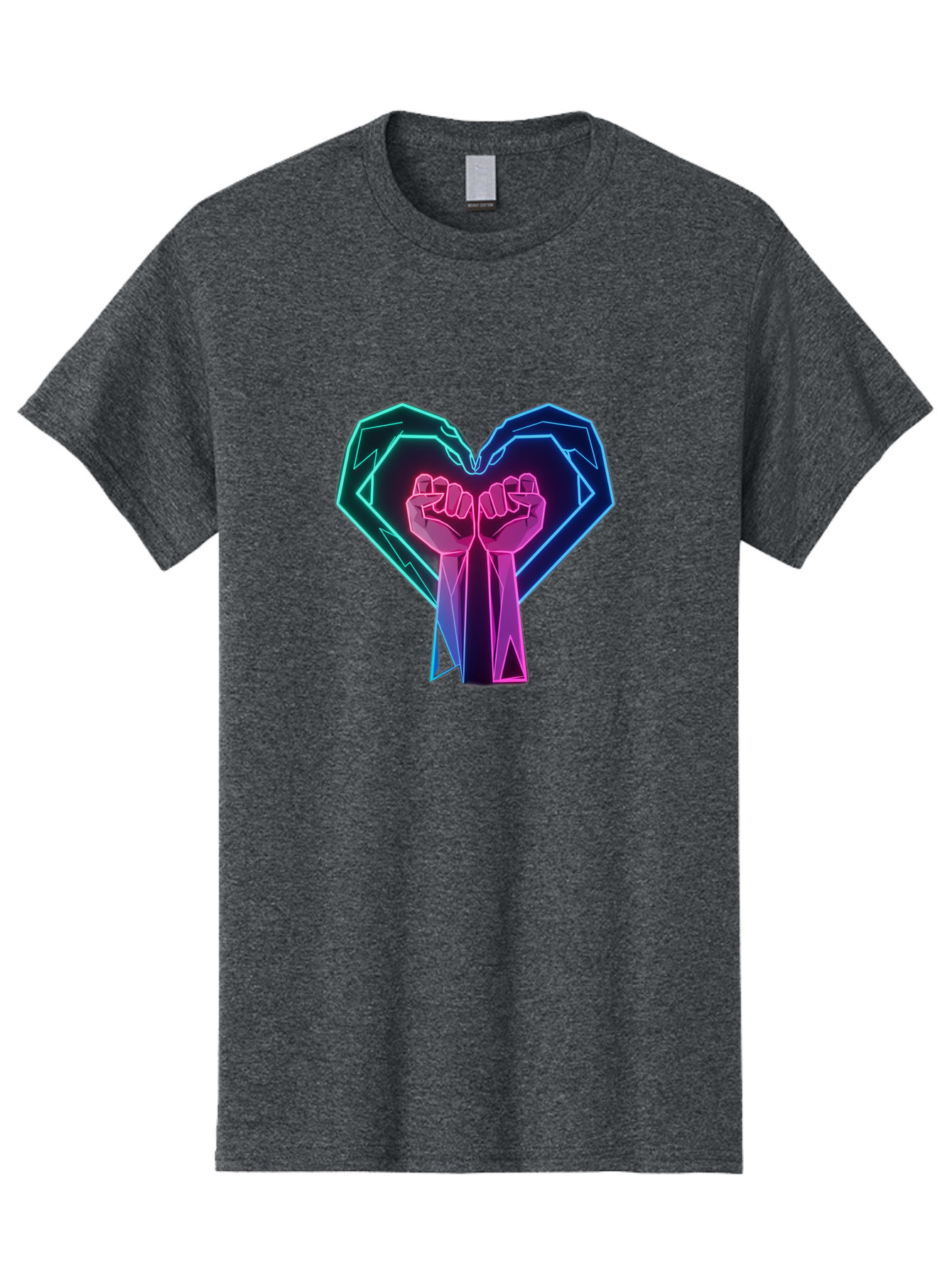 Fists-In-Heart Men'S Graphic Tee, 100% Cotton, Comfortable Casual Summer Wear, Machine Washable, Raised Fists, Heart Shape, Neon Lights, Solidarity Symbol, Unity, Social Justice, Protest, Activism, Empowerment, Love Bab906
