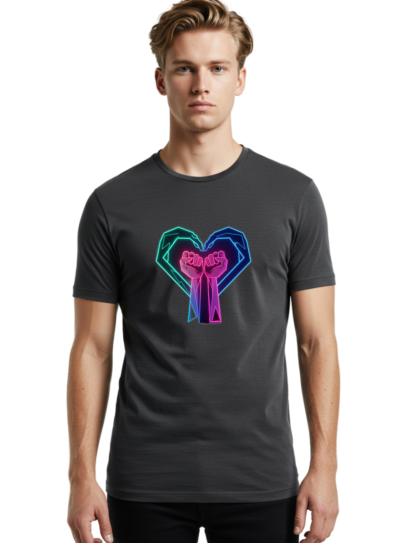 Fists-In-Heart Men'S Graphic Tee, 100% Cotton, Comfortable Casual Summer Wear, Machine Washable, Raised Fists, Heart Shape, Neon Lights, Solidarity Symbol, Unity, Social Justice, Protest, Activism, Empowerment, Love Bab906