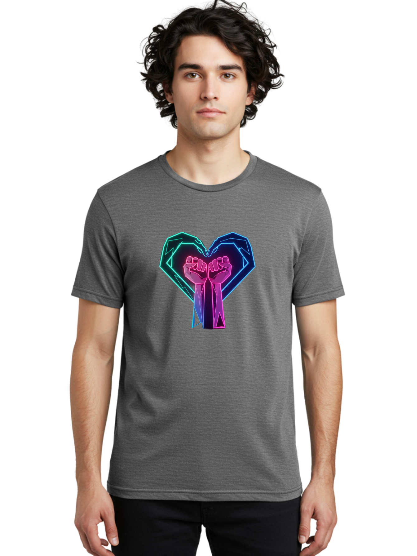 Fists-In-Heart Men'S Graphic Tee, 100% Cotton, Comfortable Casual Summer Wear, Machine Washable, Raised Fists, Heart Shape, Neon Lights, Solidarity Symbol, Unity, Social Justice, Protest, Activism, Empowerment, Love Bab906