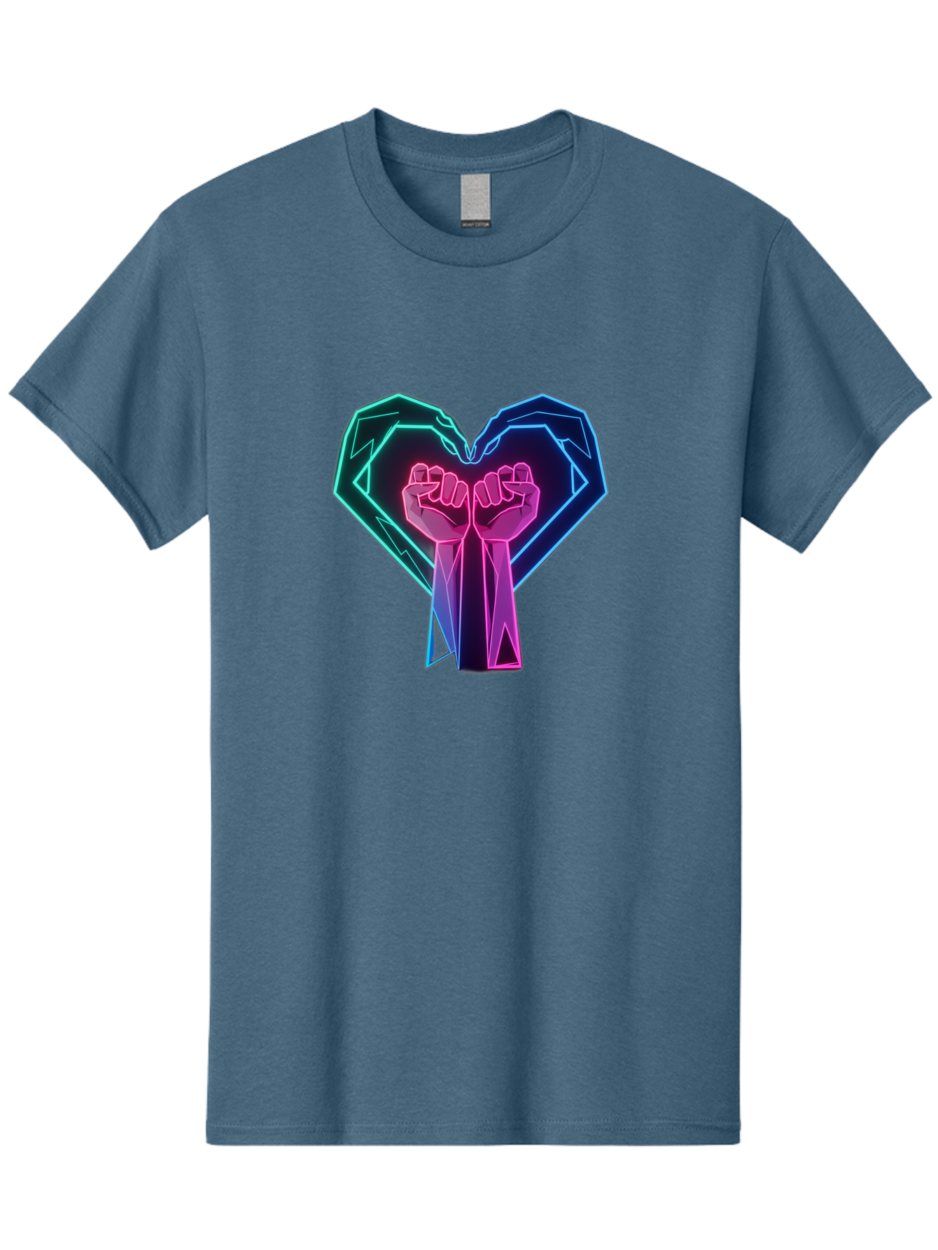 Fists-In-Heart Men'S Graphic Tee, 100% Cotton, Comfortable Casual Summer Wear, Machine Washable, Raised Fists, Heart Shape, Neon Lights, Solidarity Symbol, Unity, Social Justice, Protest, Activism, Empowerment, Love Bab906