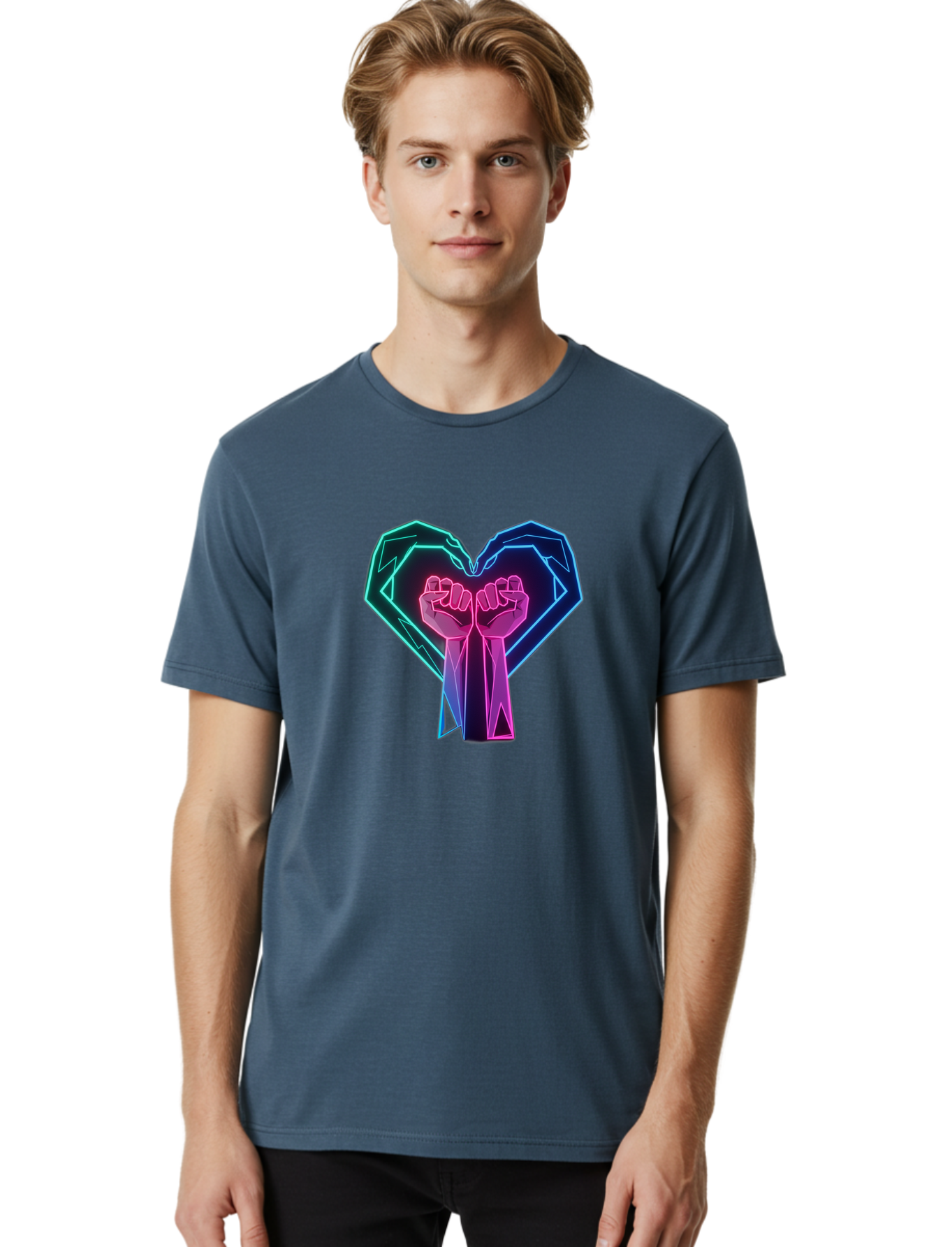 Fists-In-Heart Men'S Graphic Tee, 100% Cotton, Comfortable Casual Summer Wear, Machine Washable, Raised Fists, Heart Shape, Neon Lights, Solidarity Symbol, Unity, Social Justice, Protest, Activism, Empowerment, Love Bab906