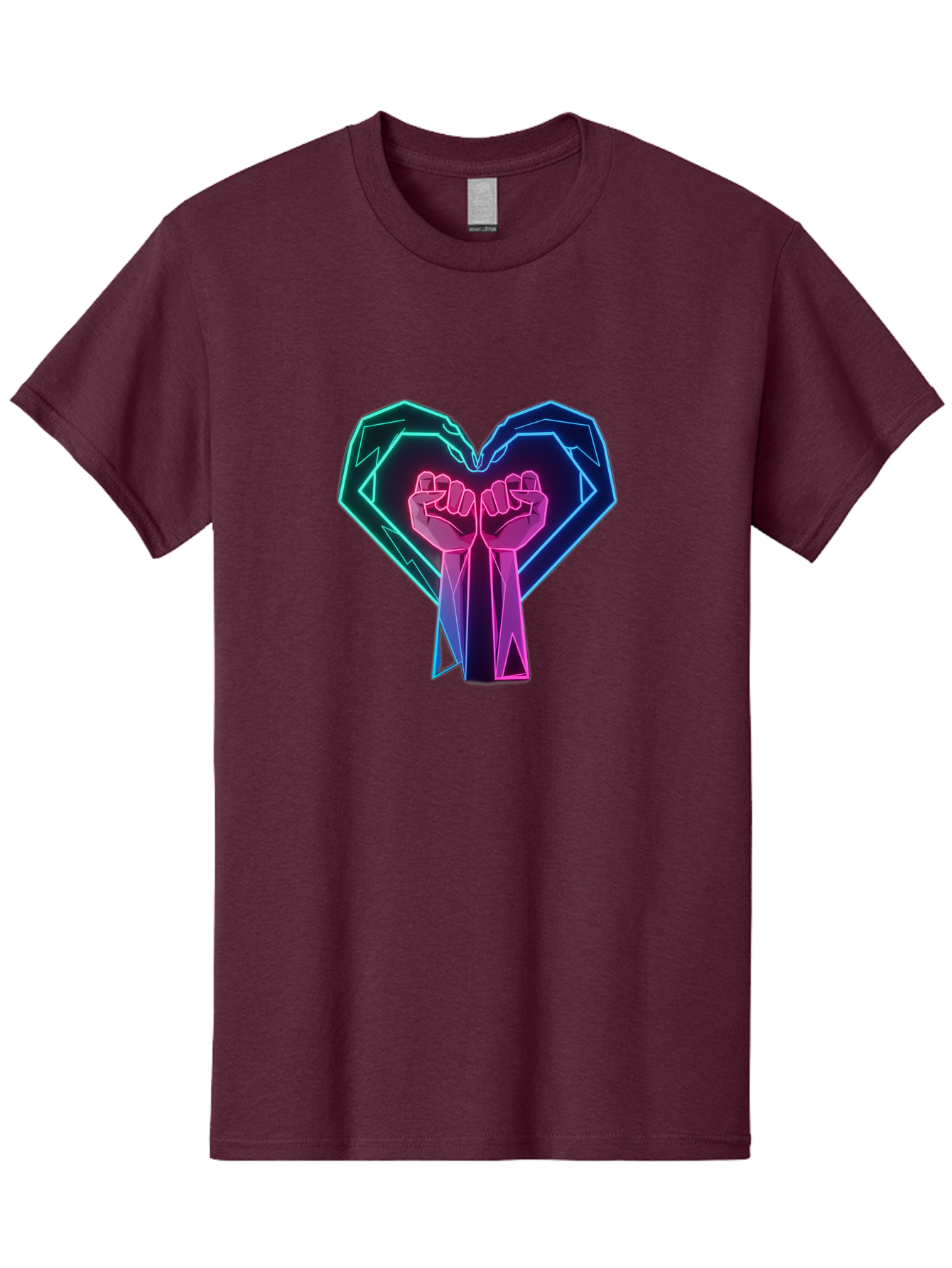Fists-In-Heart Men'S Graphic Tee, 100% Cotton, Comfortable Casual Summer Wear, Machine Washable, Raised Fists, Heart Shape, Neon Lights, Solidarity Symbol, Unity, Social Justice, Protest, Activism, Empowerment, Love Bab906