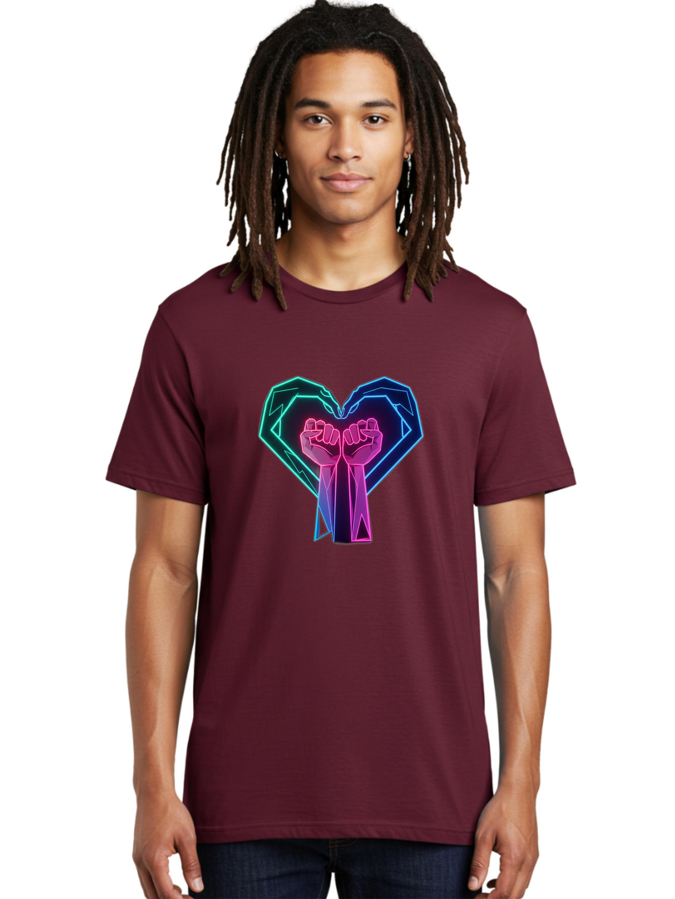 Fists-In-Heart Men'S Graphic Tee, 100% Cotton, Comfortable Casual Summer Wear, Machine Washable, Raised Fists, Heart Shape, Neon Lights, Solidarity Symbol, Unity, Social Justice, Protest, Activism, Empowerment, Love Bab906