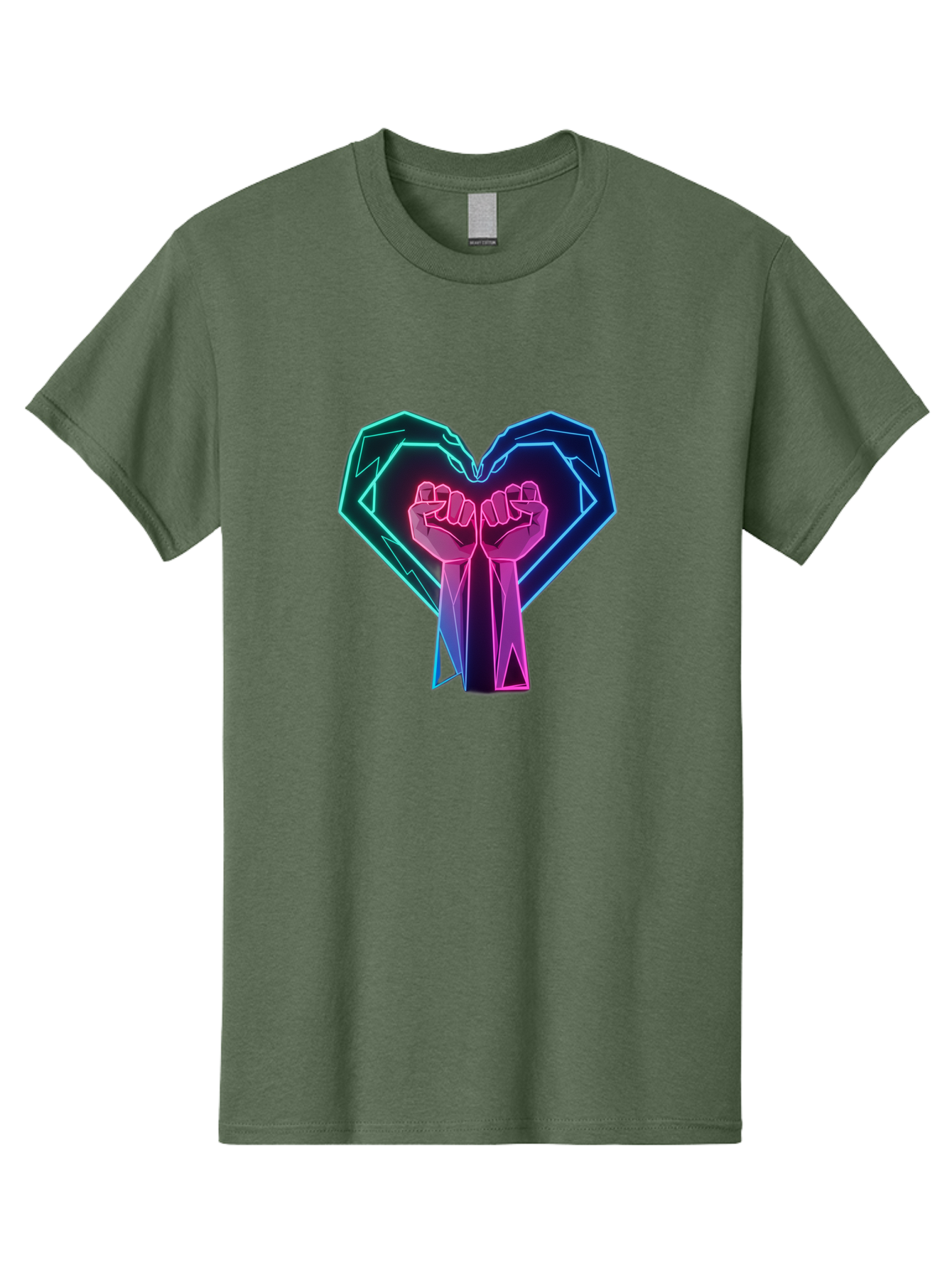 Fists-In-Heart Men'S Graphic Tee, 100% Cotton, Comfortable Casual Summer Wear, Machine Washable, Raised Fists, Heart Shape, Neon Lights, Solidarity Symbol, Unity, Social Justice, Protest, Activism, Empowerment, Love Bab906