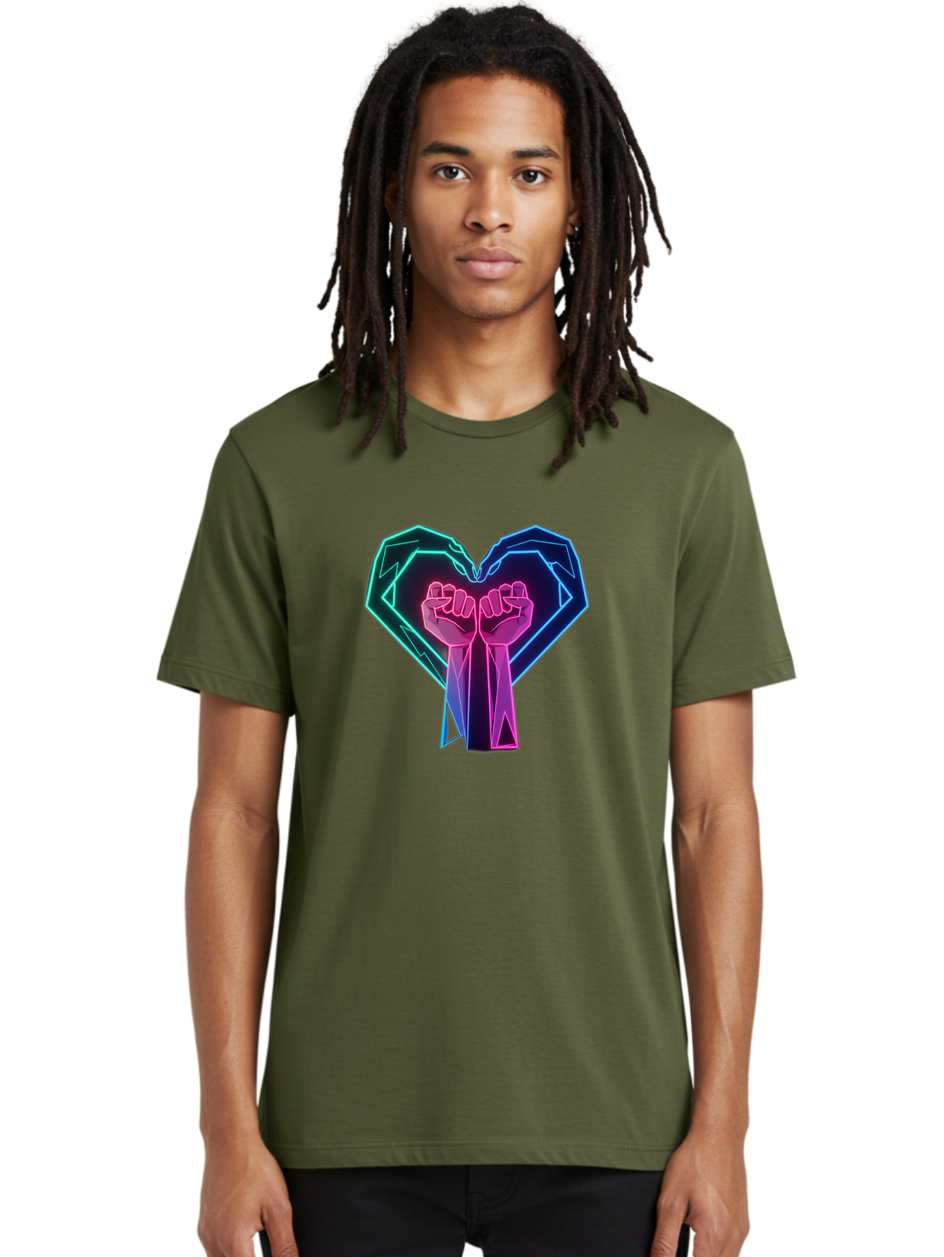Fists-In-Heart Men'S Graphic Tee, 100% Cotton, Comfortable Casual Summer Wear, Machine Washable, Raised Fists, Heart Shape, Neon Lights, Solidarity Symbol, Unity, Social Justice, Protest, Activism, Empowerment, Love Bab906