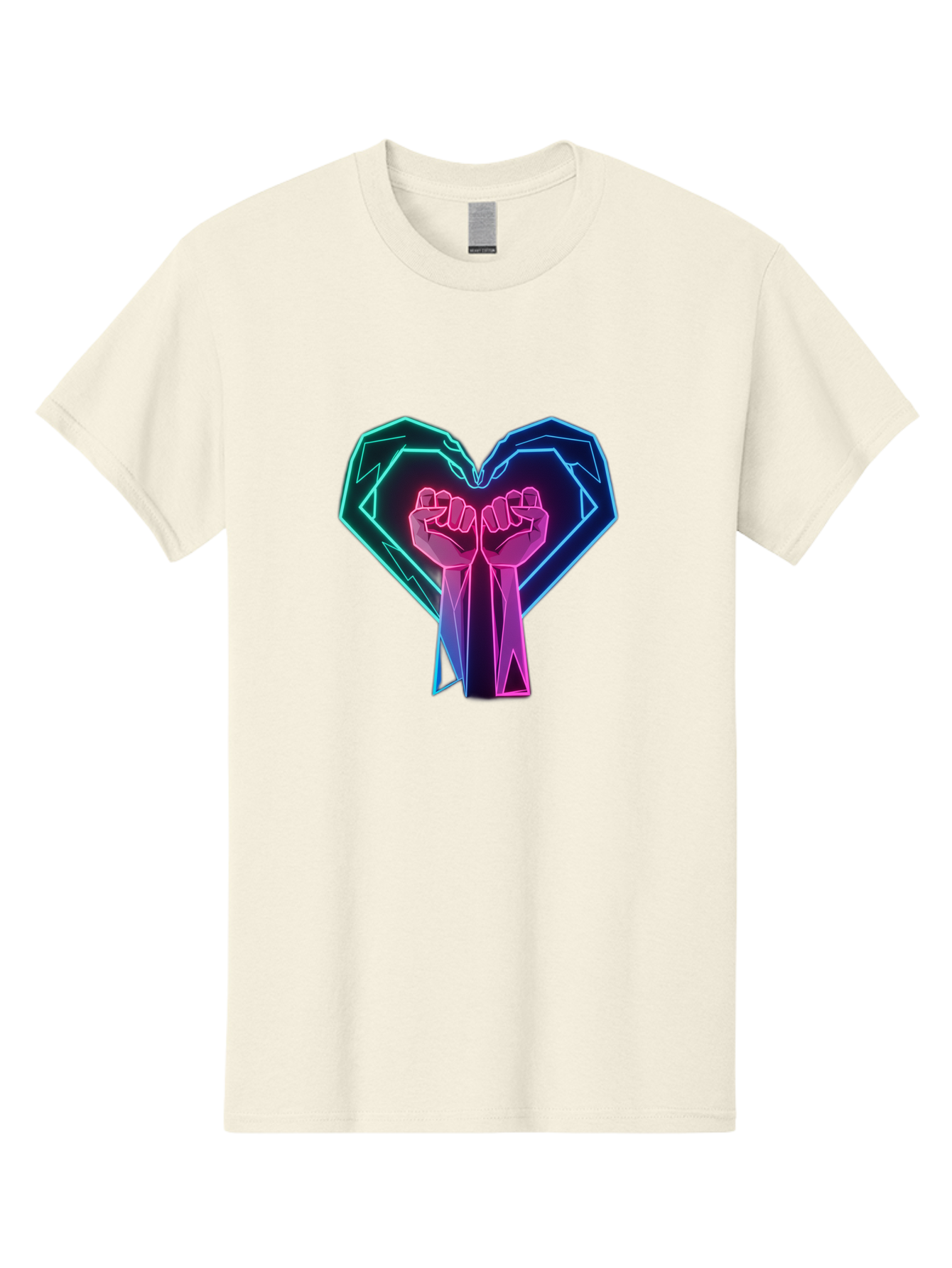 Fists-In-Heart Men'S Graphic Tee, 100% Cotton, Comfortable Casual Summer Wear, Machine Washable, Raised Fists, Heart Shape, Neon Lights, Solidarity Symbol, Unity, Social Justice, Protest, Activism, Empowerment, Love Bab906