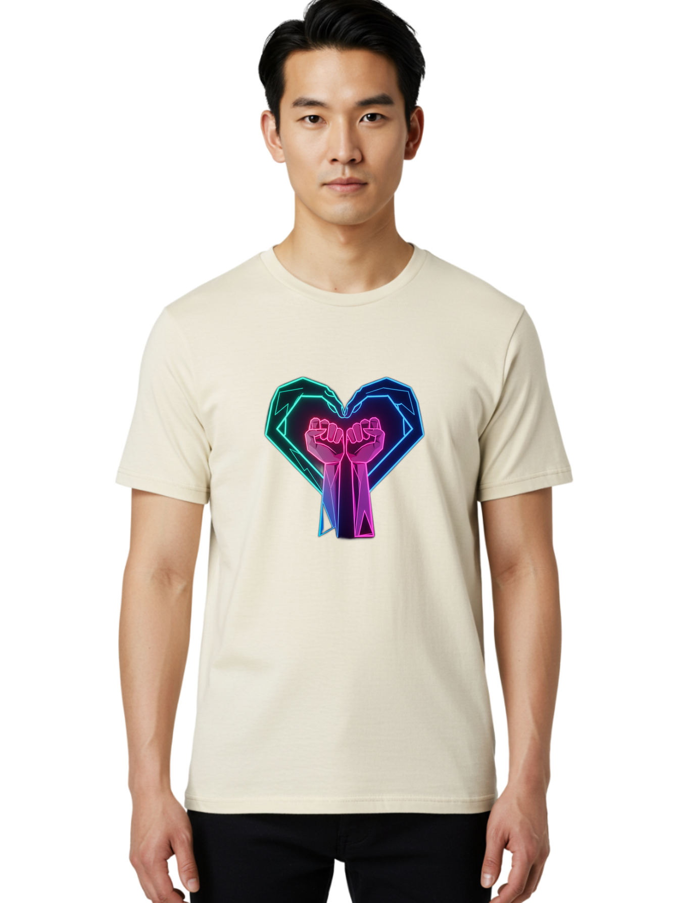 Fists-In-Heart Men'S Graphic Tee, 100% Cotton, Comfortable Casual Summer Wear, Machine Washable, Raised Fists, Heart Shape, Neon Lights, Solidarity Symbol, Unity, Social Justice, Protest, Activism, Empowerment, Love Bab906