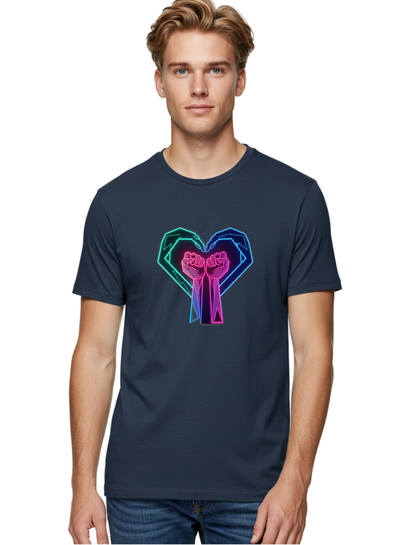 Fists-In-Heart Men'S Graphic Tee, 100% Cotton, Comfortable Casual Summer Wear, Machine Washable, Raised Fists, Heart Shape, Neon Lights, Solidarity Symbol, Unity, Social Justice, Protest, Activism, Empowerment, Love Bab906