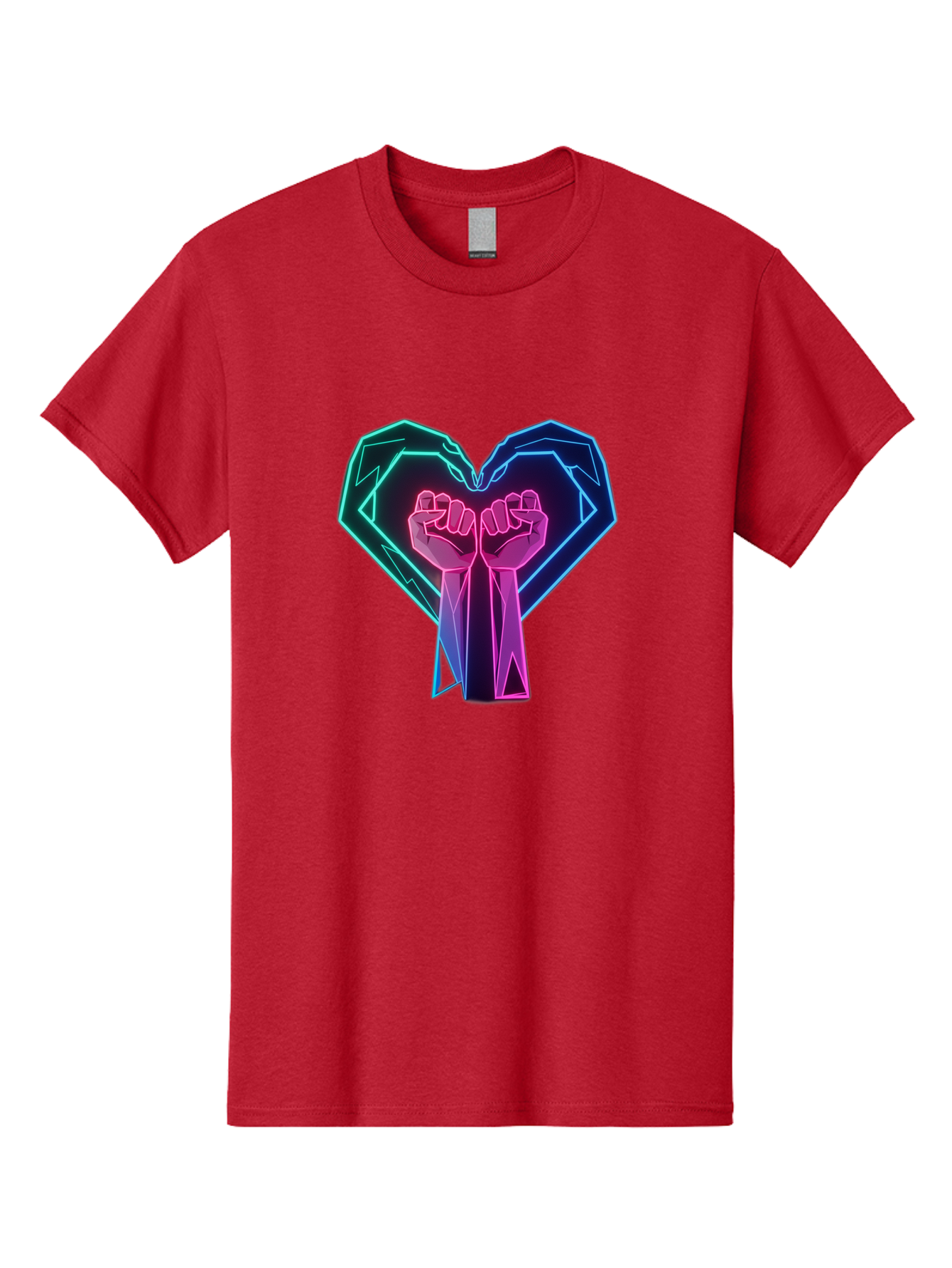 Fists-In-Heart Men'S Graphic Tee, 100% Cotton, Comfortable Casual Summer Wear, Machine Washable, Raised Fists, Heart Shape, Neon Lights, Solidarity Symbol, Unity, Social Justice, Protest, Activism, Empowerment, Love Bab906