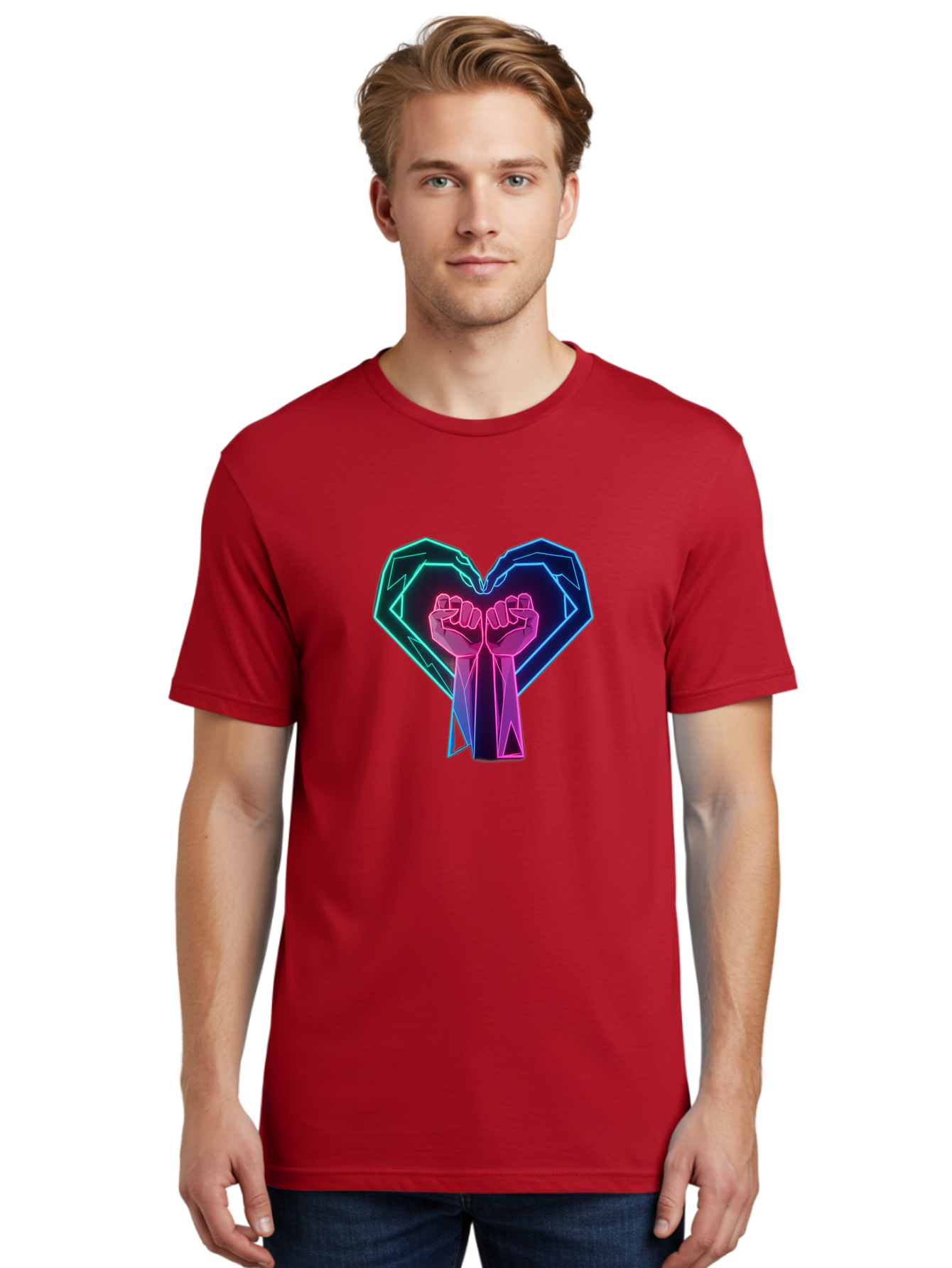 Fists-In-Heart Men'S Graphic Tee, 100% Cotton, Comfortable Casual Summer Wear, Machine Washable, Raised Fists, Heart Shape, Neon Lights, Solidarity Symbol, Unity, Social Justice, Protest, Activism, Empowerment, Love Bab906