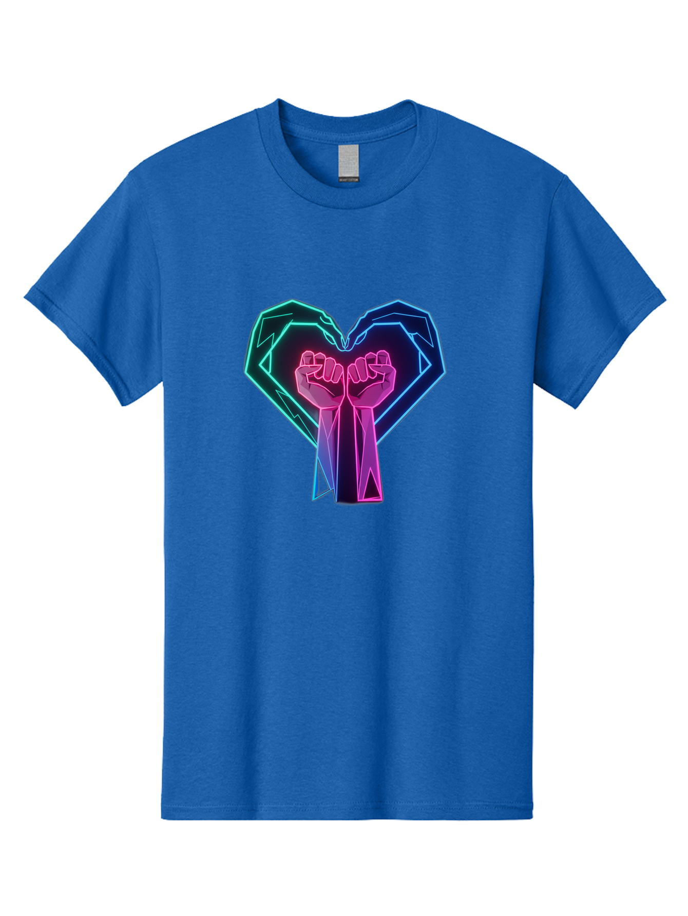 Fists-In-Heart Men'S Graphic Tee, 100% Cotton, Comfortable Casual Summer Wear, Machine Washable, Raised Fists, Heart Shape, Neon Lights, Solidarity Symbol, Unity, Social Justice, Protest, Activism, Empowerment, Love Bab906