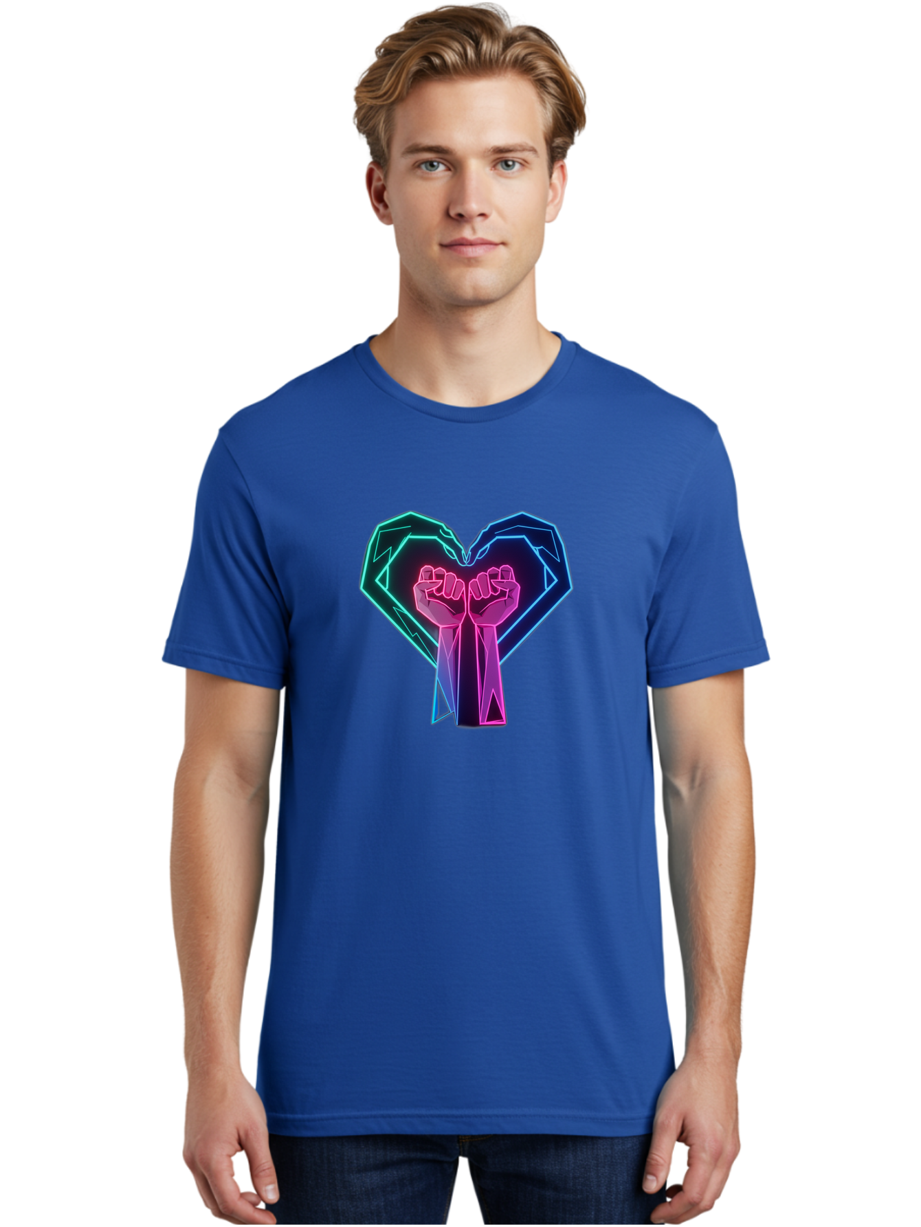 Fists-In-Heart Men'S Graphic Tee, 100% Cotton, Comfortable Casual Summer Wear, Machine Washable, Raised Fists, Heart Shape, Neon Lights, Solidarity Symbol, Unity, Social Justice, Protest, Activism, Empowerment, Love Bab906