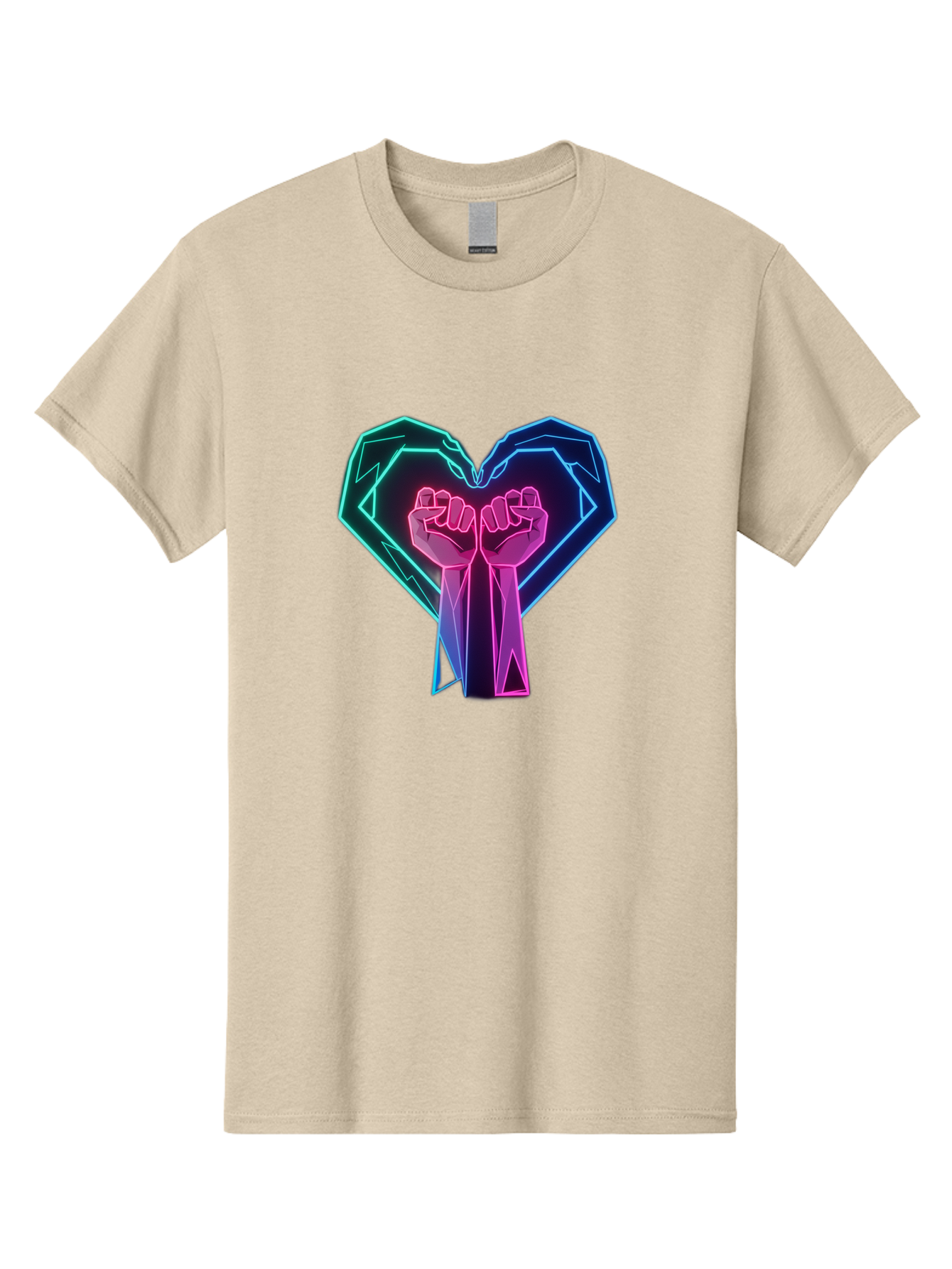 Fists-In-Heart Men'S Graphic Tee, 100% Cotton, Comfortable Casual Summer Wear, Machine Washable, Raised Fists, Heart Shape, Neon Lights, Solidarity Symbol, Unity, Social Justice, Protest, Activism, Empowerment, Love Bab906
