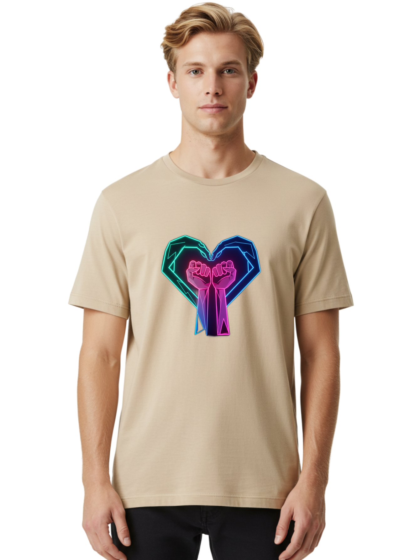 Fists-In-Heart Men'S Graphic Tee, 100% Cotton, Comfortable Casual Summer Wear, Machine Washable, Raised Fists, Heart Shape, Neon Lights, Solidarity Symbol, Unity, Social Justice, Protest, Activism, Empowerment, Love Bab906