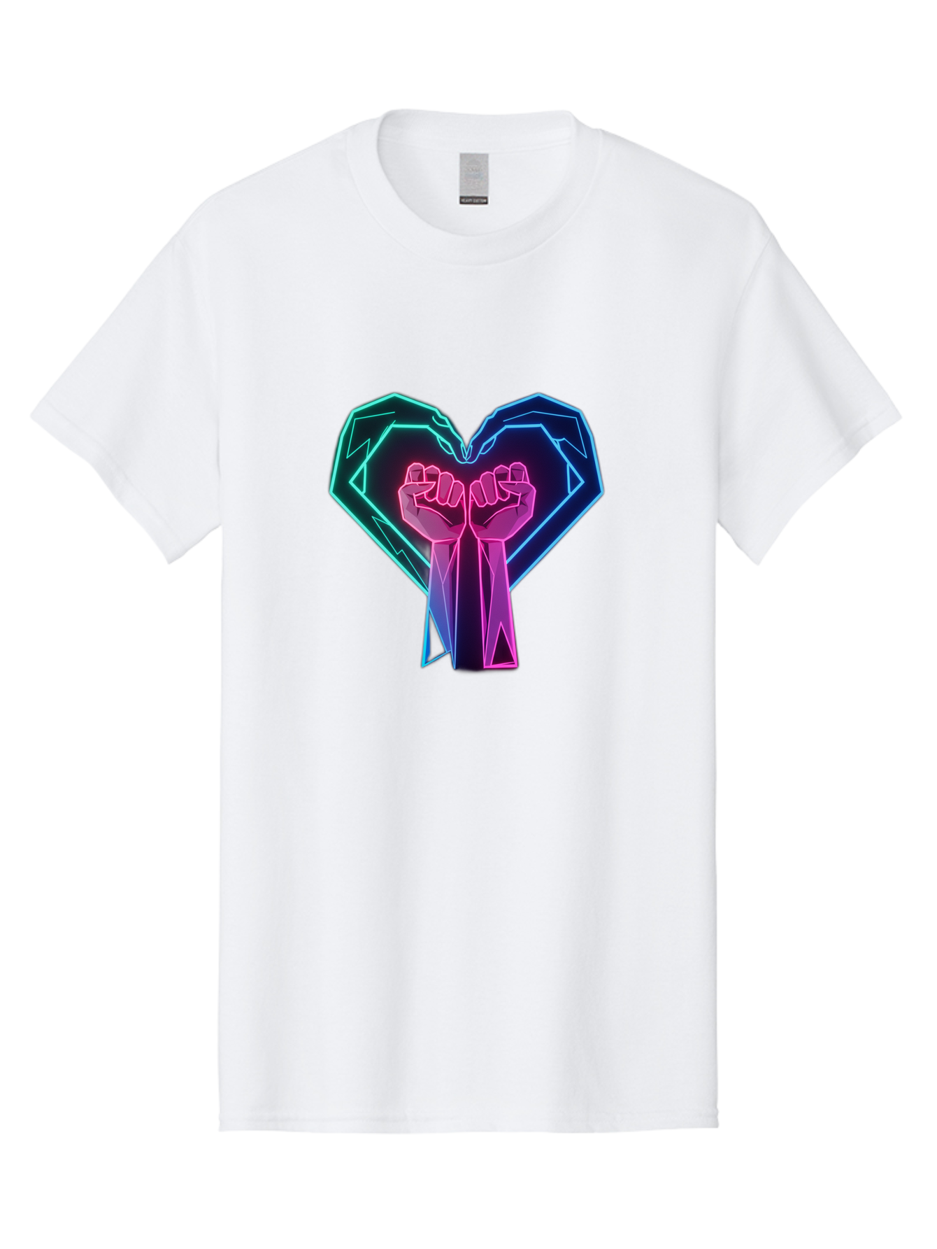 Fists-In-Heart Men'S Graphic Tee, 100% Cotton, Comfortable Casual Summer Wear, Machine Washable, Raised Fists, Heart Shape, Neon Lights, Solidarity Symbol, Unity, Social Justice, Protest, Activism, Empowerment, Love Bab906