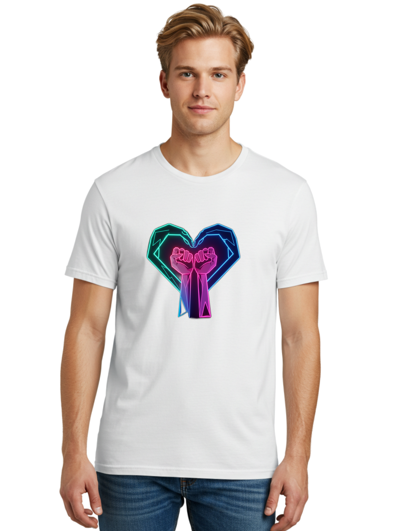 Fists-In-Heart Men'S Graphic Tee, 100% Cotton, Comfortable Casual Summer Wear, Machine Washable, Raised Fists, Heart Shape, Neon Lights, Solidarity Symbol, Unity, Social Justice, Protest, Activism, Empowerment, Love Bab906