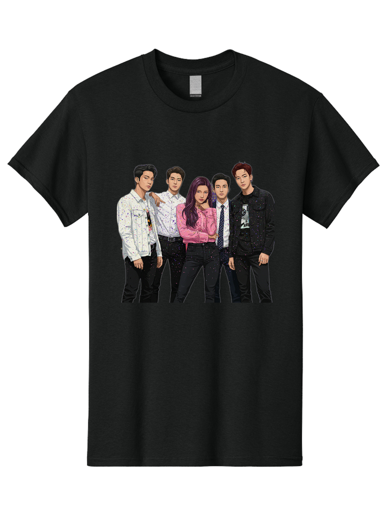 Five-People Men'S Graphic Tee, 100% Cotton, Comfortable Casual Summer Wear, Machine Washable, Group Of Young Adults, Casual Fashion, Streetwear Style, Pink Shirt, White Shirts, Black Pants, Denim Jackets, K-Pop Fashion Bab907