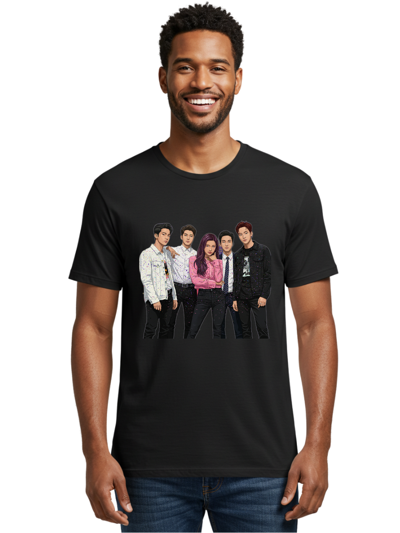 Five-People Men'S Graphic Tee, 100% Cotton, Comfortable Casual Summer Wear, Machine Washable, Group Of Young Adults, Casual Fashion, Streetwear Style, Pink Shirt, White Shirts, Black Pants, Denim Jackets, K-Pop Fashion Bab907