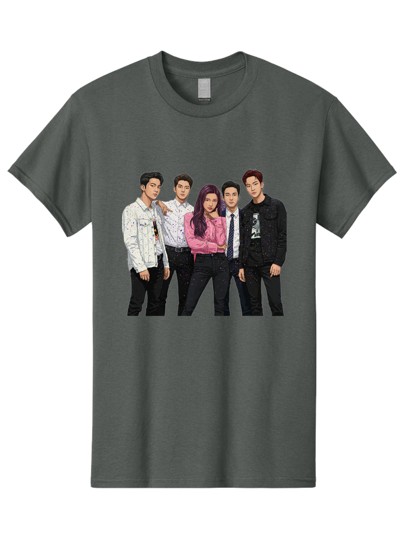 Five-People Men'S Graphic Tee, 100% Cotton, Comfortable Casual Summer Wear, Machine Washable, Group Of Young Adults, Casual Fashion, Streetwear Style, Pink Shirt, White Shirts, Black Pants, Denim Jackets, K-Pop Fashion Bab907