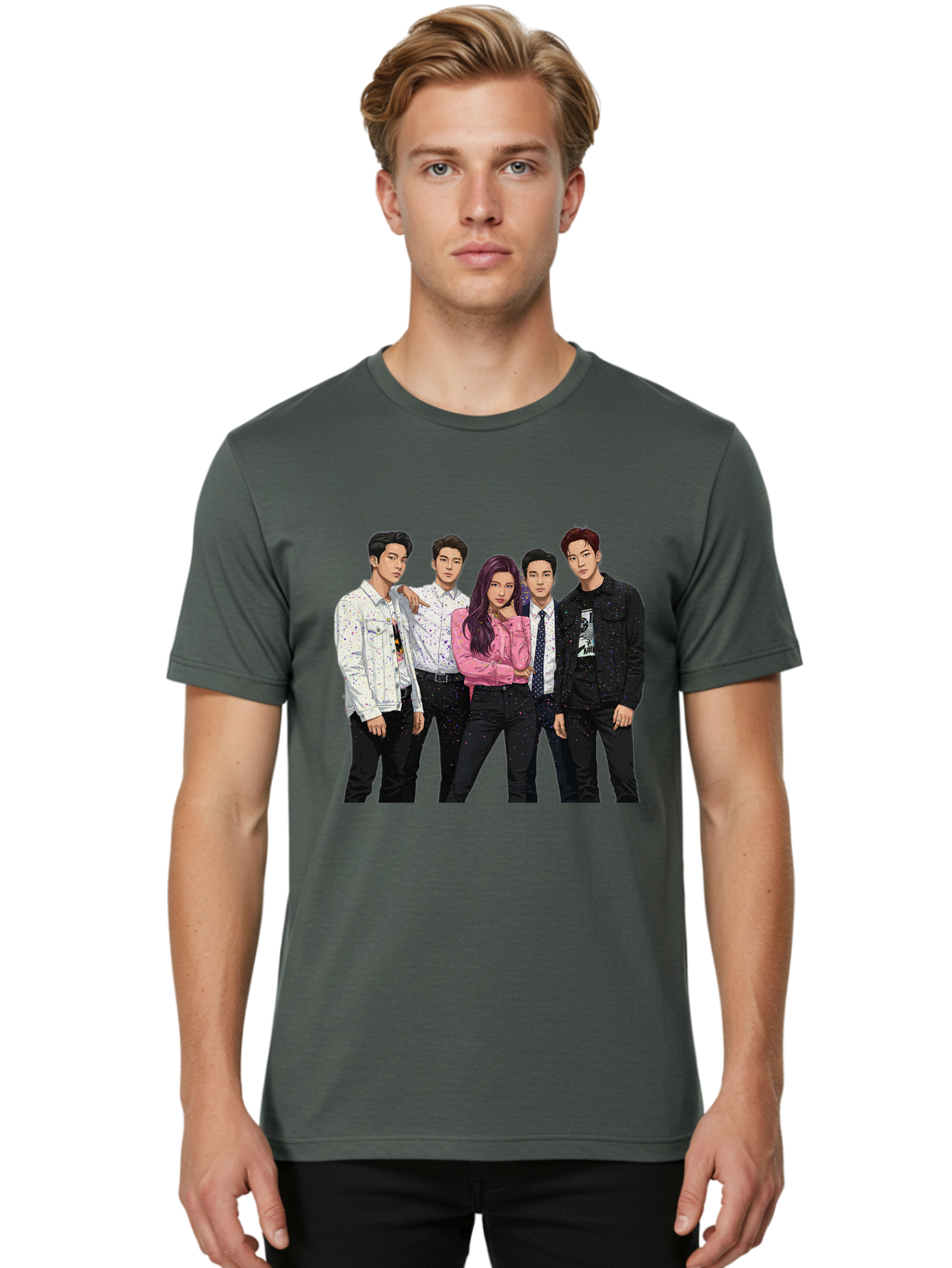 Five-People Men'S Graphic Tee, 100% Cotton, Comfortable Casual Summer Wear, Machine Washable, Group Of Young Adults, Casual Fashion, Streetwear Style, Pink Shirt, White Shirts, Black Pants, Denim Jackets, K-Pop Fashion Bab907