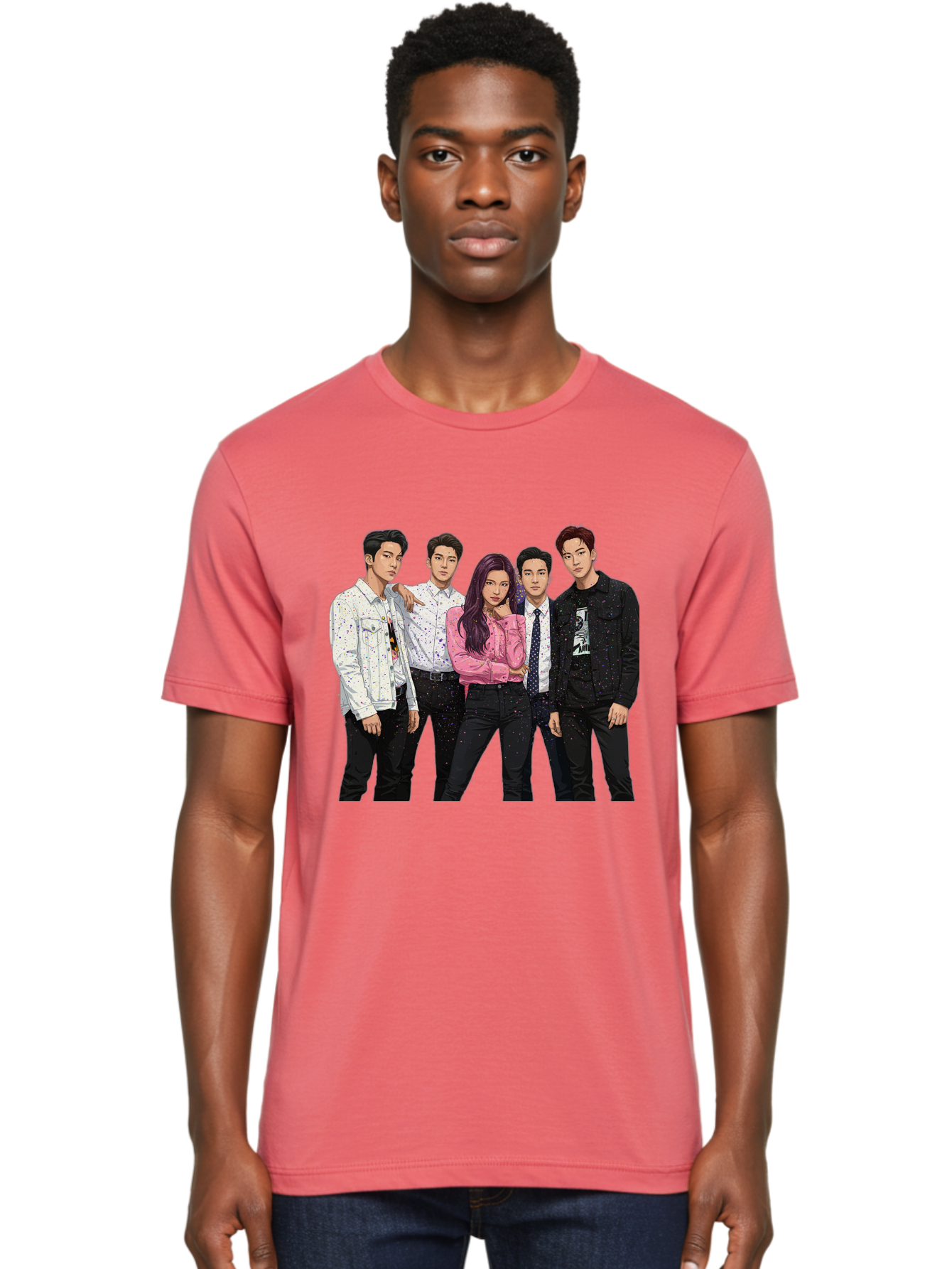 Five-People Men'S Graphic Tee, 100% Cotton, Comfortable Casual Summer Wear, Machine Washable, Group Of Young Adults, Casual Fashion, Streetwear Style, Pink Shirt, White Shirts, Black Pants, Denim Jackets, K-Pop Fashion Bab907