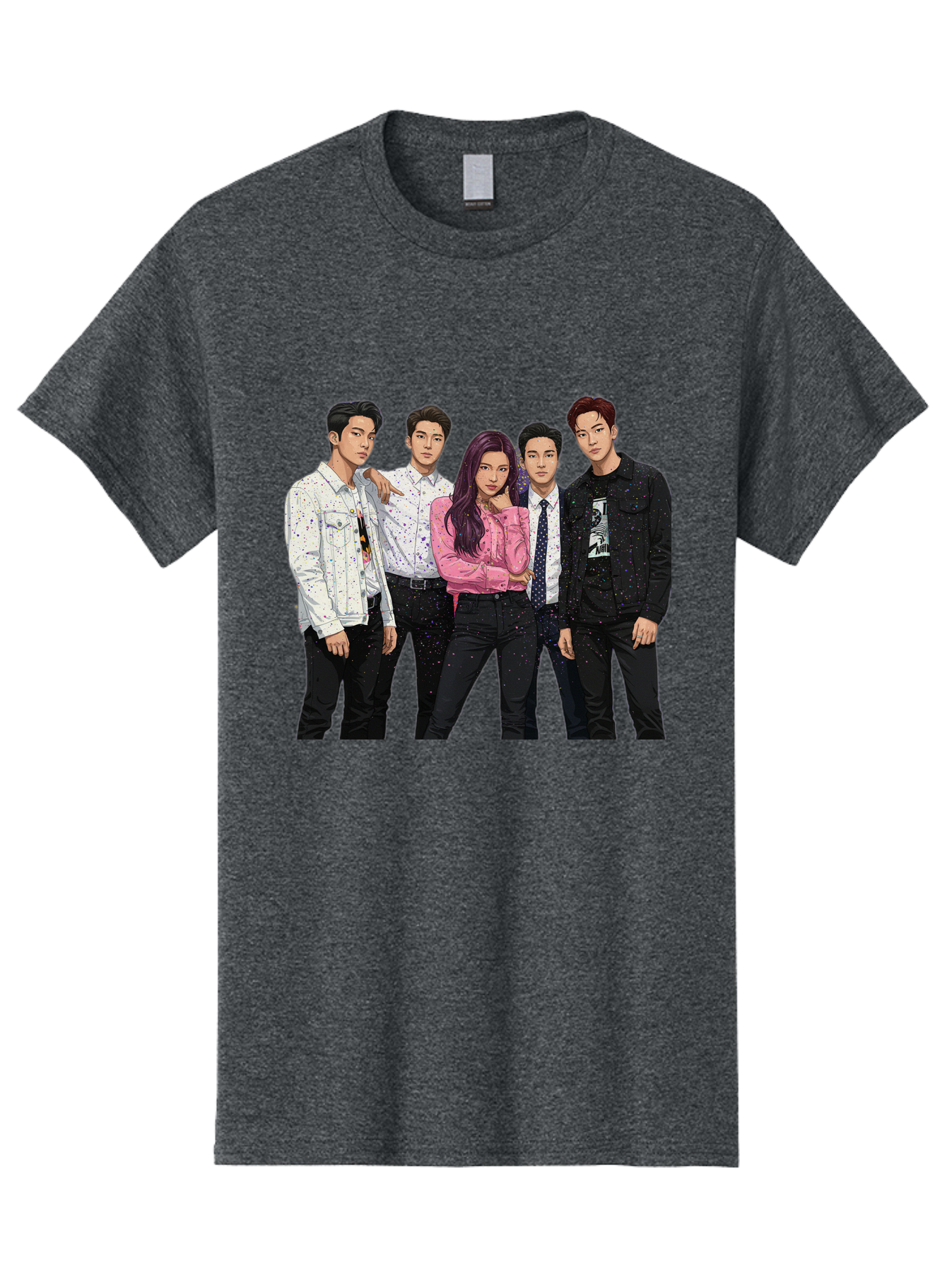 Five-People Men'S Graphic Tee, 100% Cotton, Comfortable Casual Summer Wear, Machine Washable, Group Of Young Adults, Casual Fashion, Streetwear Style, Pink Shirt, White Shirts, Black Pants, Denim Jackets, K-Pop Fashion Bab907