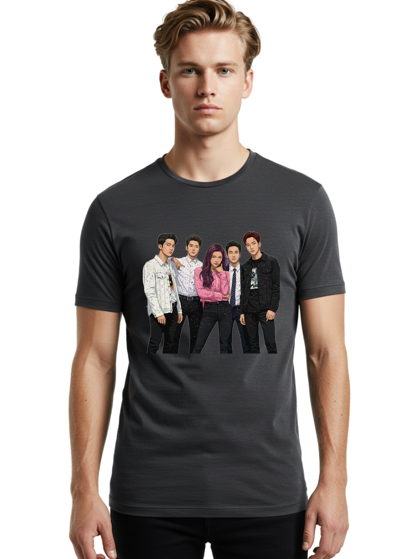 Five-People Men'S Graphic Tee, 100% Cotton, Comfortable Casual Summer Wear, Machine Washable, Group Of Young Adults, Casual Fashion, Streetwear Style, Pink Shirt, White Shirts, Black Pants, Denim Jackets, K-Pop Fashion Bab907
