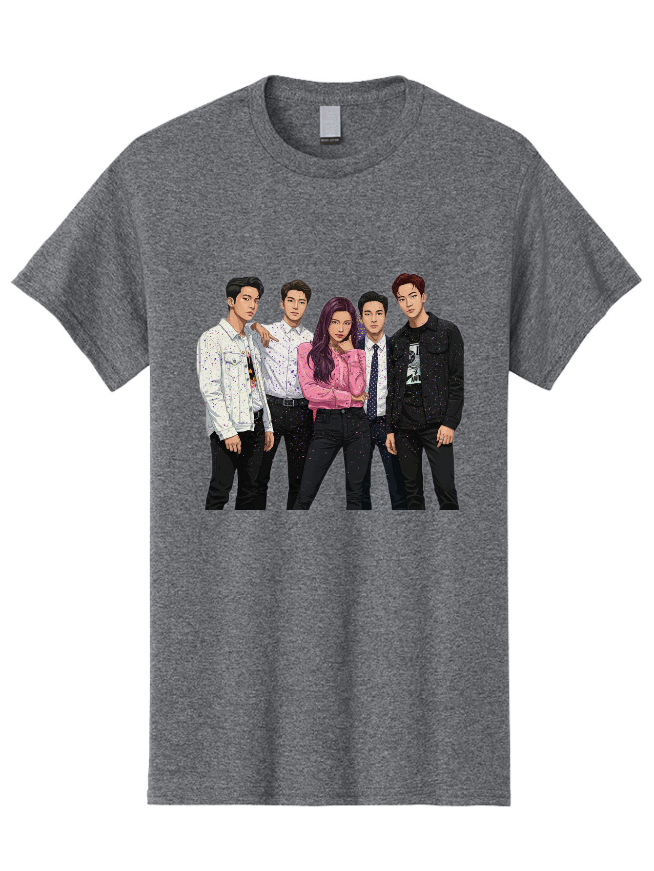 Five-People Men'S Graphic Tee, 100% Cotton, Comfortable Casual Summer Wear, Machine Washable, Group Of Young Adults, Casual Fashion, Streetwear Style, Pink Shirt, White Shirts, Black Pants, Denim Jackets, K-Pop Fashion Bab907